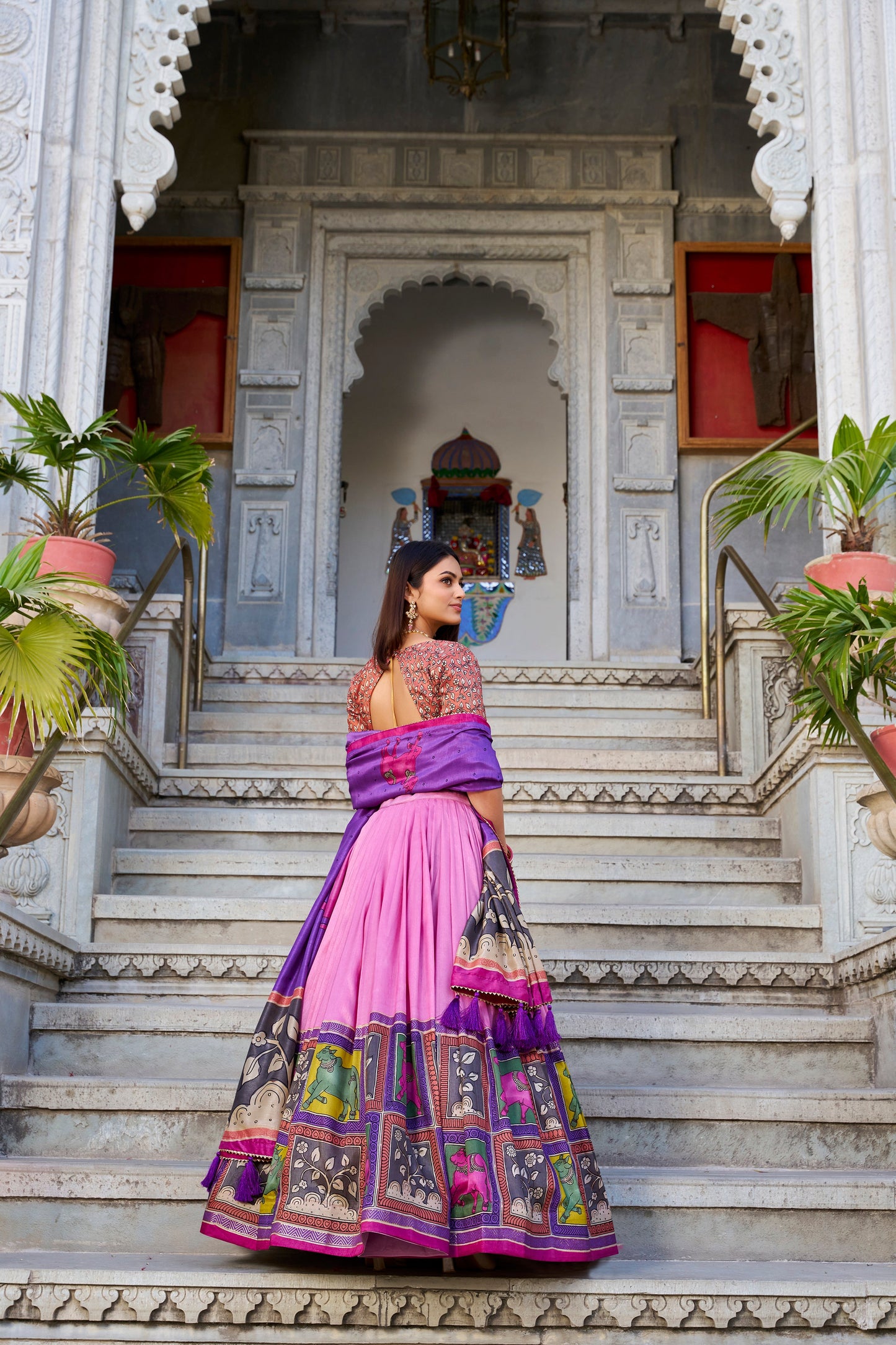 Lorenvalley Peach Tussar Silk Kalamkari With Foil Work Lehenga Choli with Dupatta | Swadesiicart