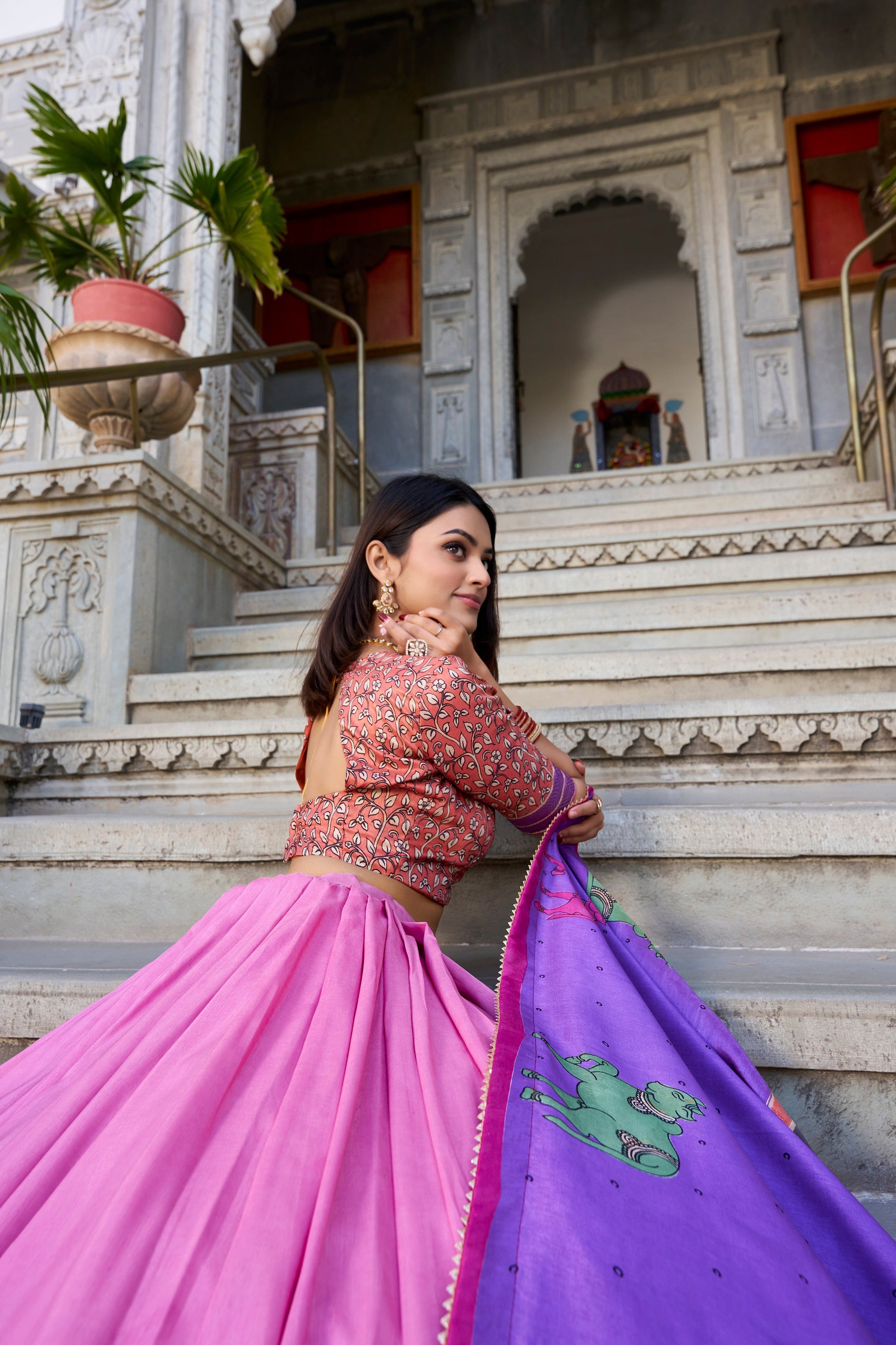Lorenvalley Peach Tussar Silk Kalamkari With Foil Work Lehenga Choli with Dupatta | Swadesiicart