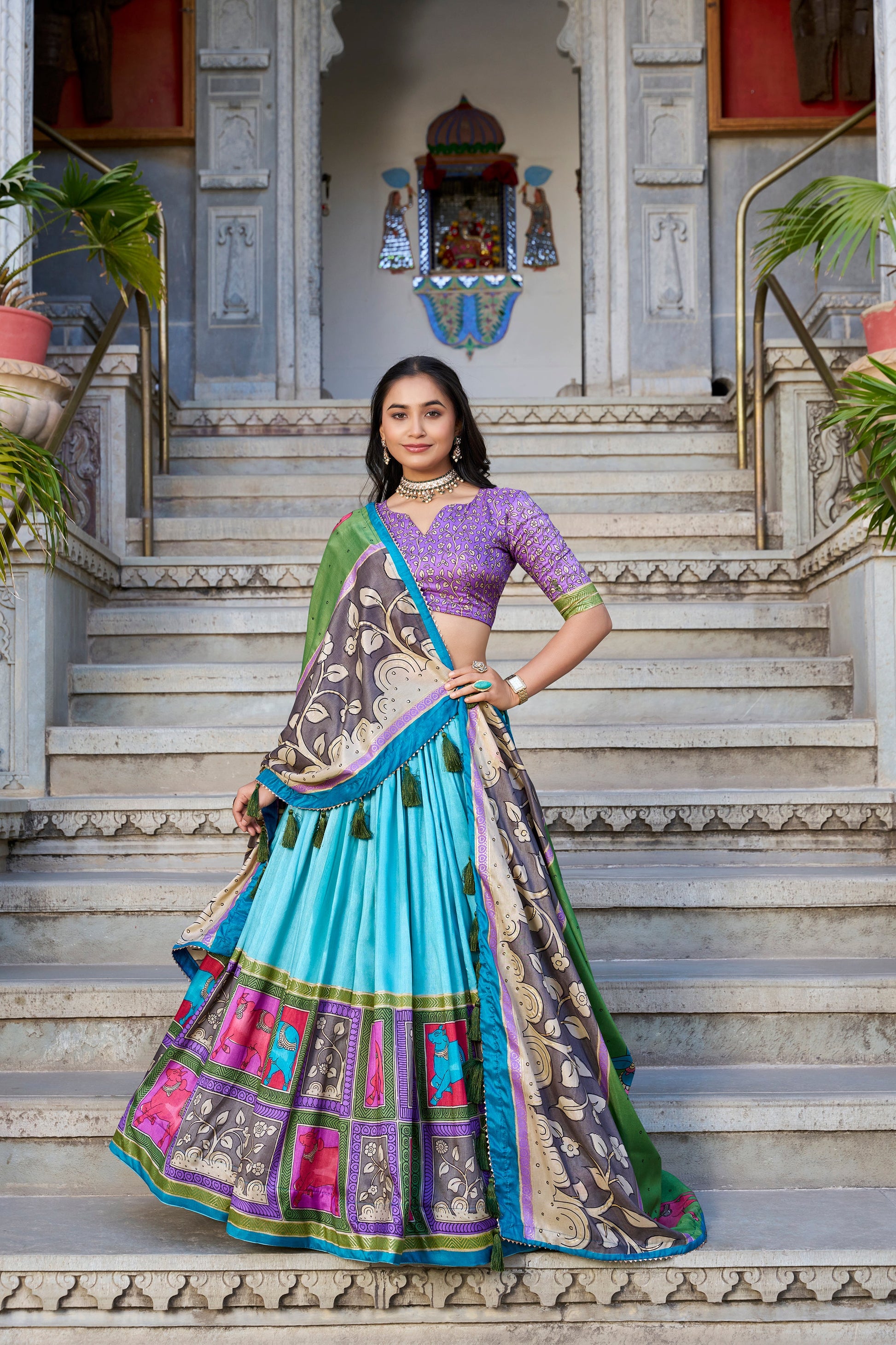 Lorenvalley Seagreen Tussar Silk Kalamkari With Foil Work Lehenga Choli with Dupatta | Swadesiicart