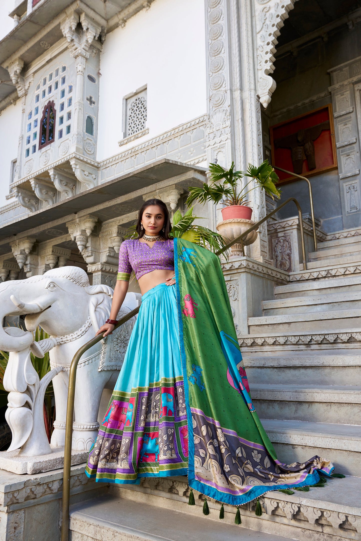 Lorenvalley Seagreen Tussar Silk Kalamkari With Foil Work Lehenga Choli with Dupatta | Swadesiicart
