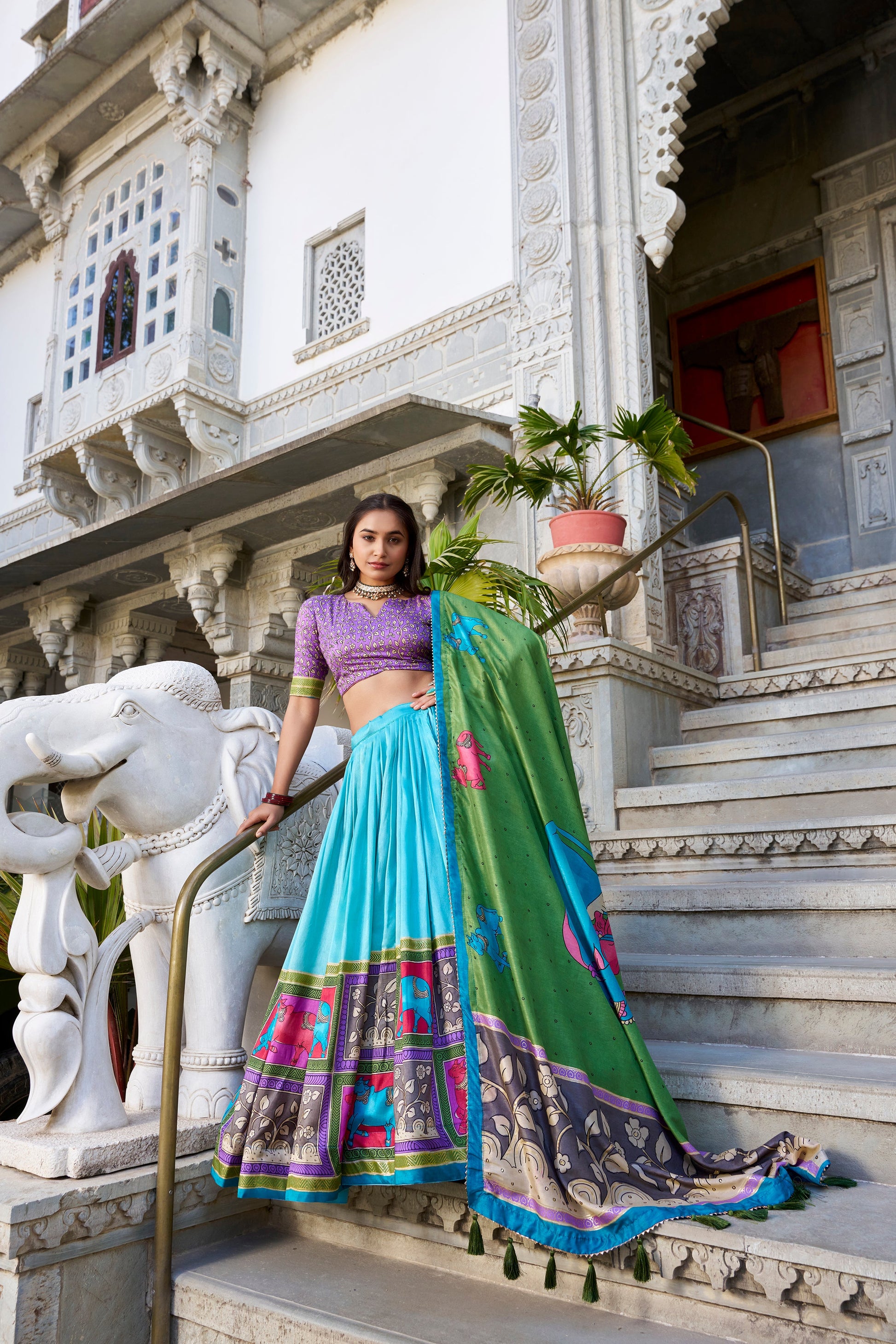 Lorenvalley Seagreen Tussar Silk Kalamkari With Foil Work Lehenga Choli with Dupatta | Swadesiicart