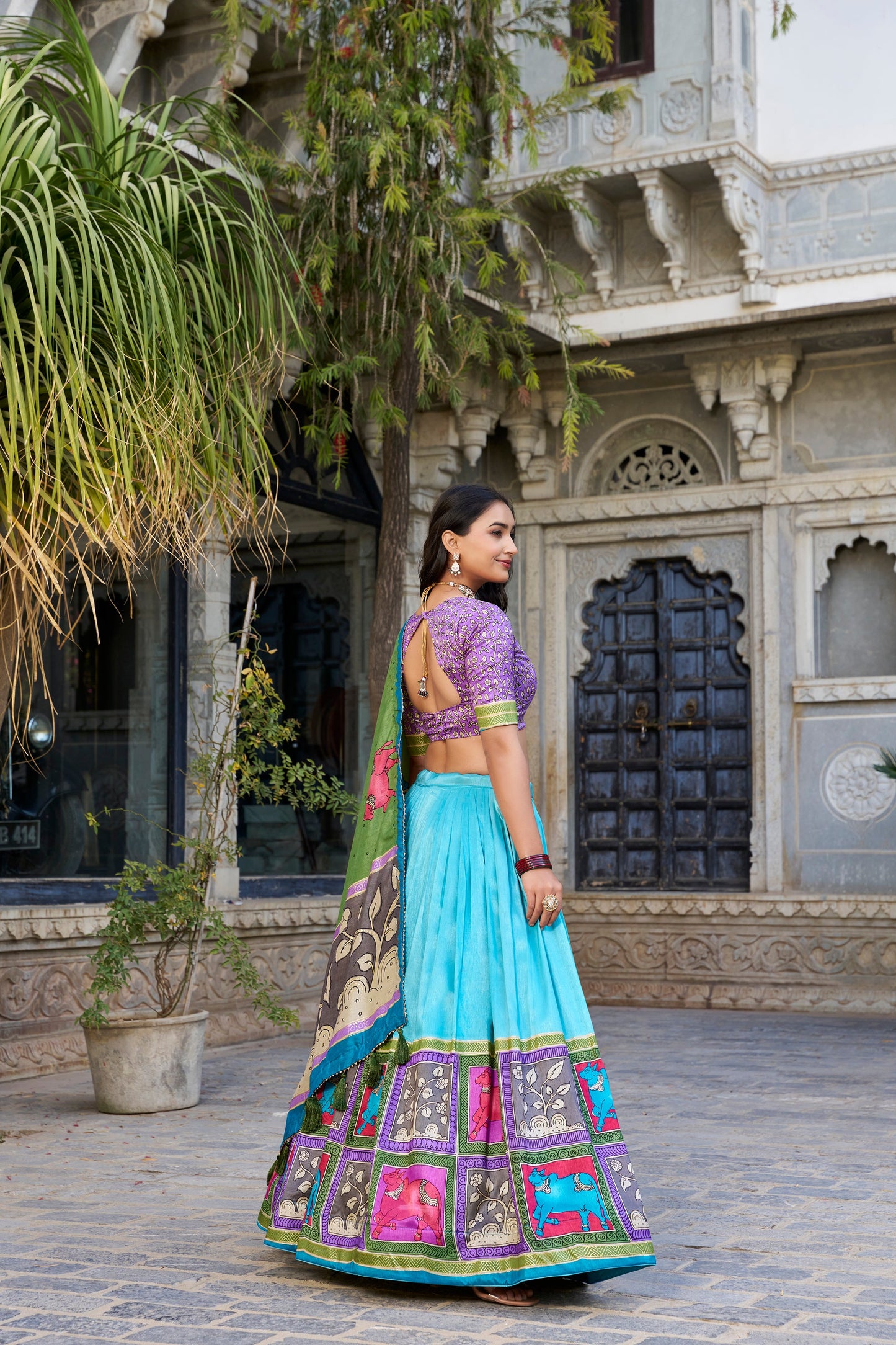 Lorenvalley Seagreen Tussar Silk Kalamkari With Foil Work Lehenga Choli with Dupatta | Swadesiicart