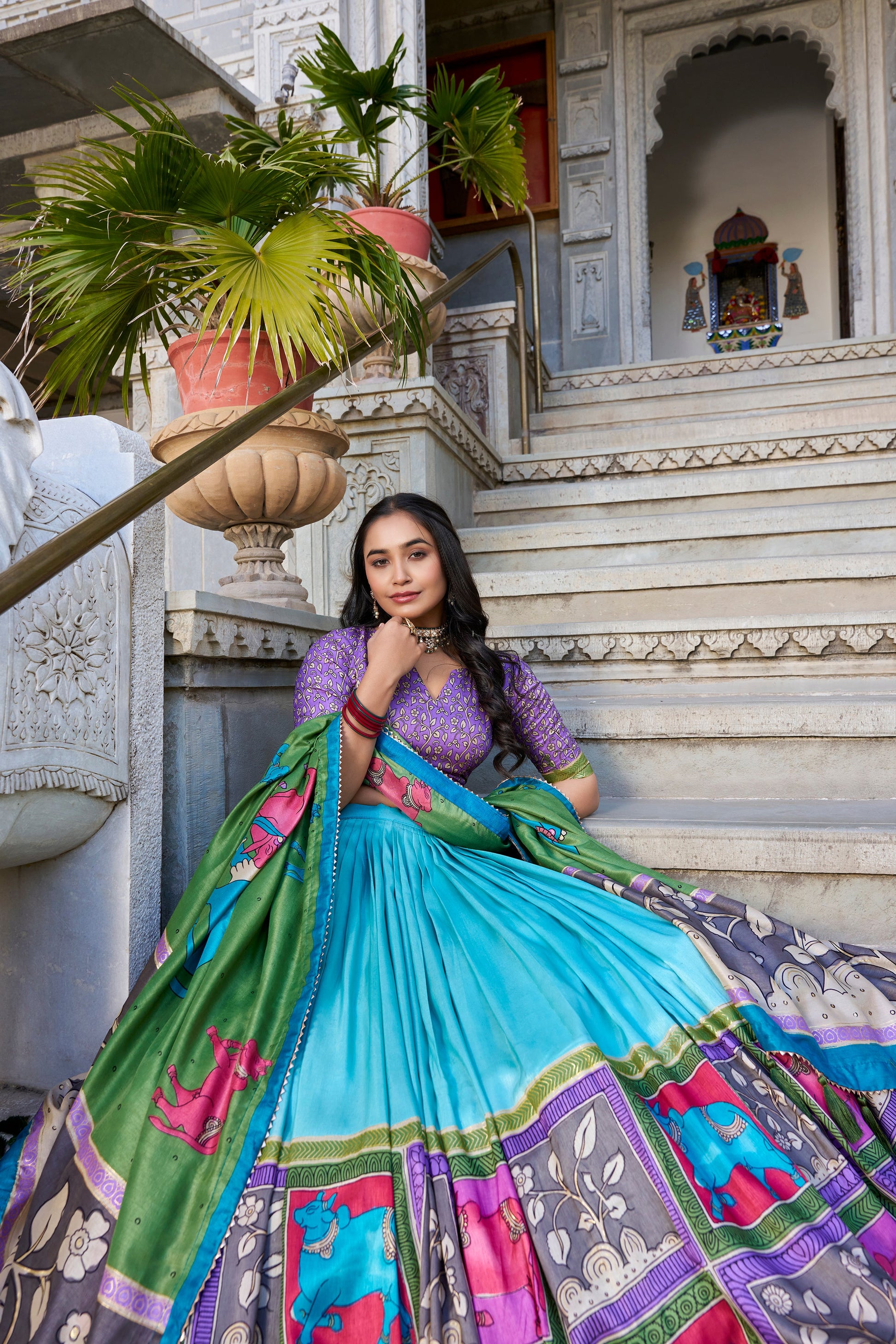 Lorenvalley Seagreen Tussar Silk Kalamkari With Foil Work Lehenga Choli with Dupatta | Swadesiicart