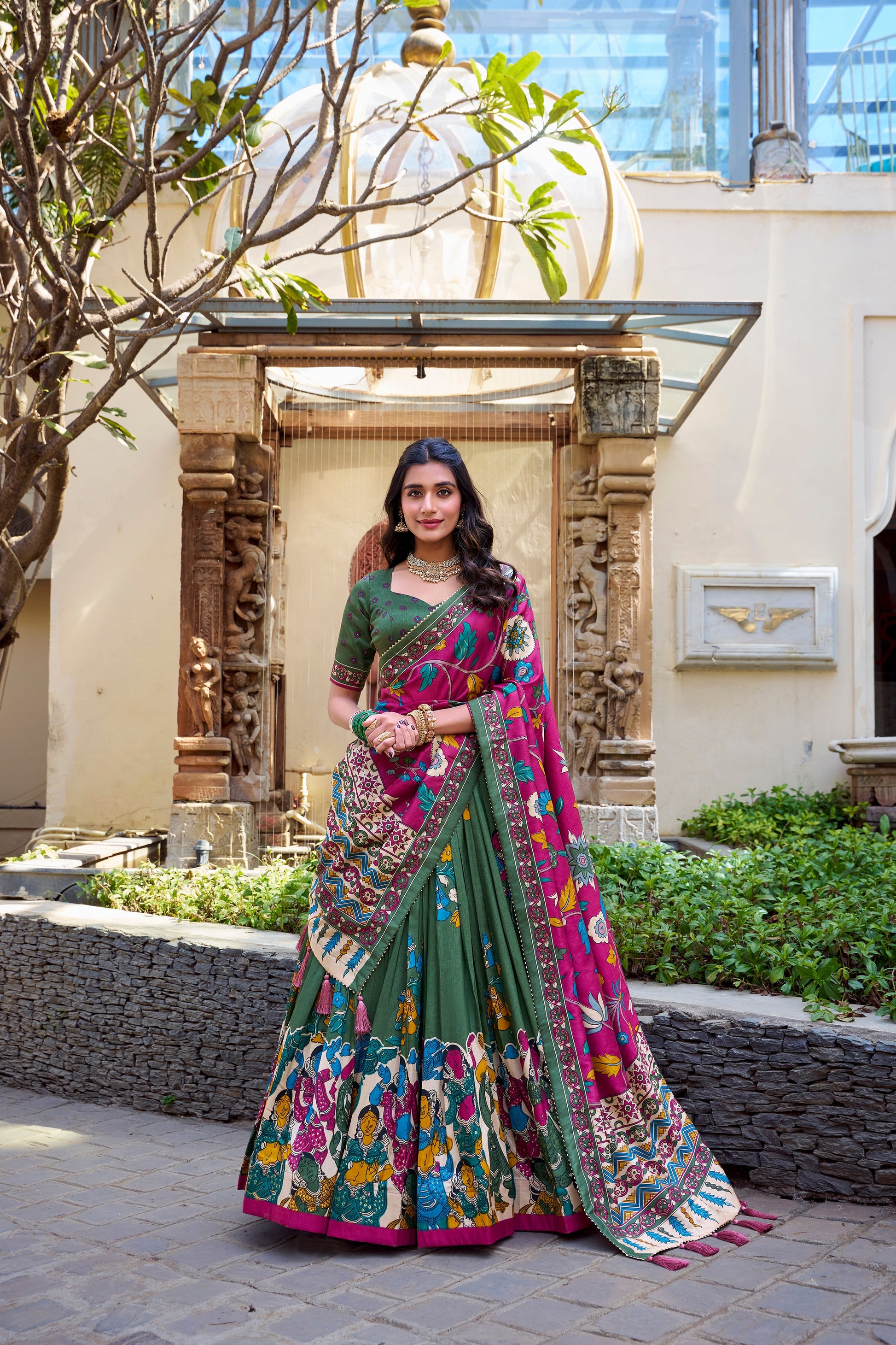Lorenvalley Mehendi Tussar Silk Kalamkari With Foil Work Lehenga Choli | Swadesiicart