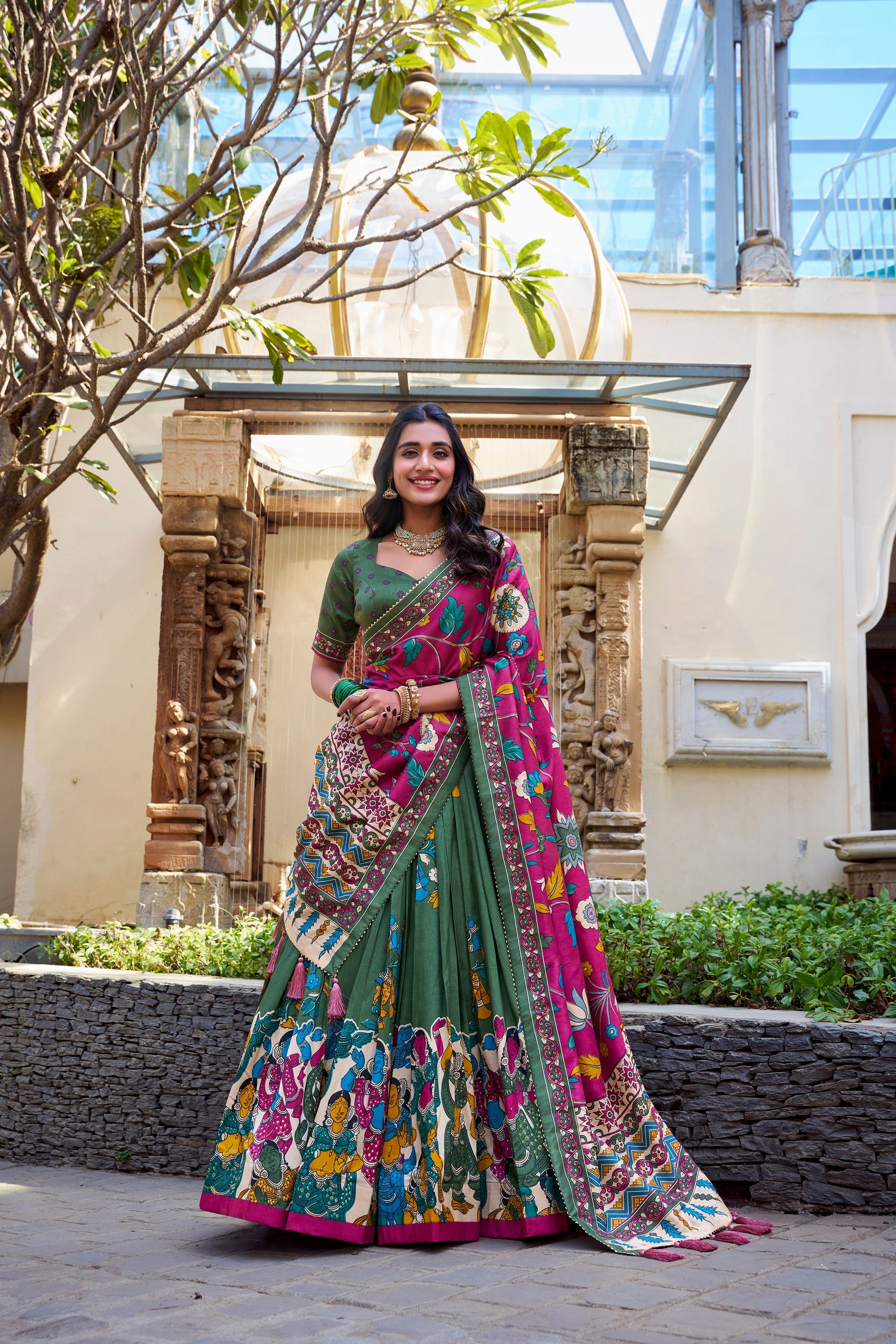 Lorenvalley Mehendi Tussar Silk Kalamkari With Foil Work Lehenga Choli | Swadesiicart