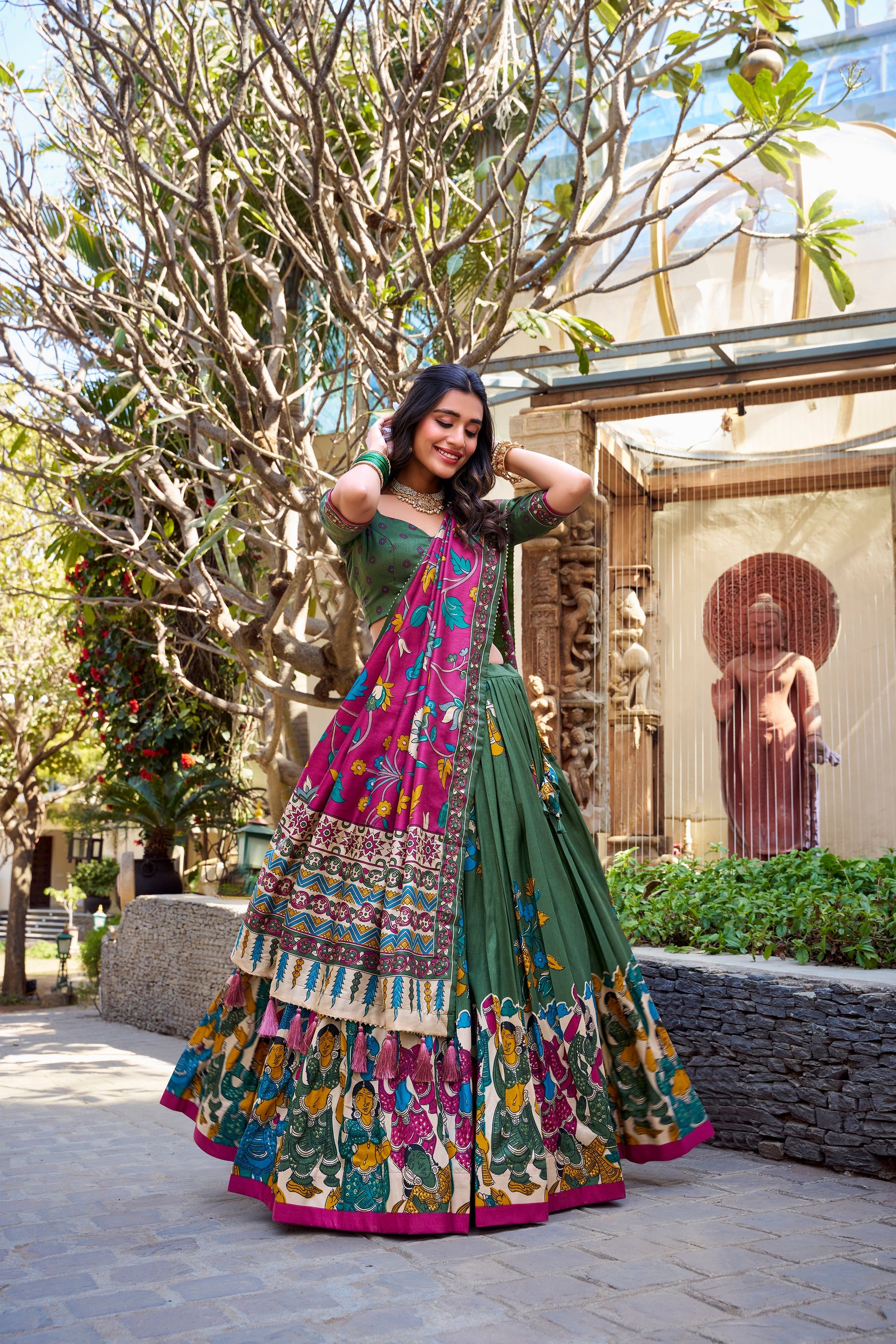 Lorenvalley Mehendi Tussar Silk Kalamkari With Foil Work Lehenga Choli | Swadesiicart