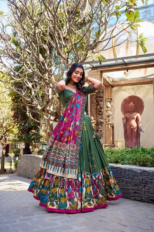 Lorenvalley Mehendi Tussar Silk Kalamkari With Foil Work Lehenga Choli | Swadesiicart