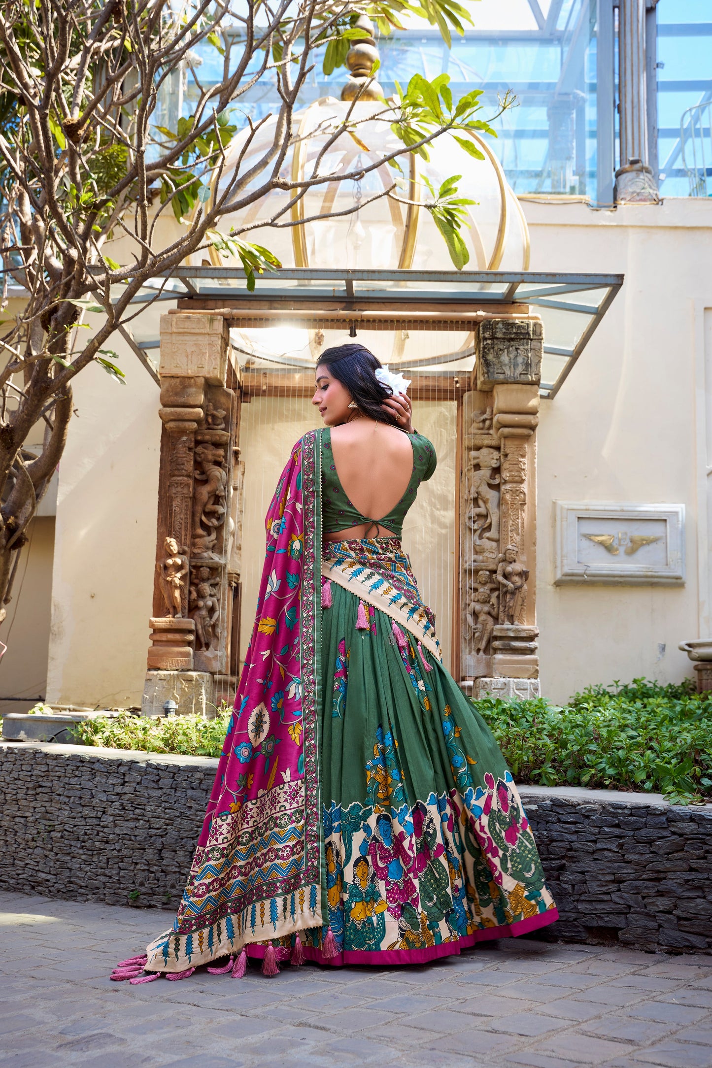 Lorenvalley Mehendi Tussar Silk Kalamkari With Foil Work Lehenga Choli | Swadesiicart