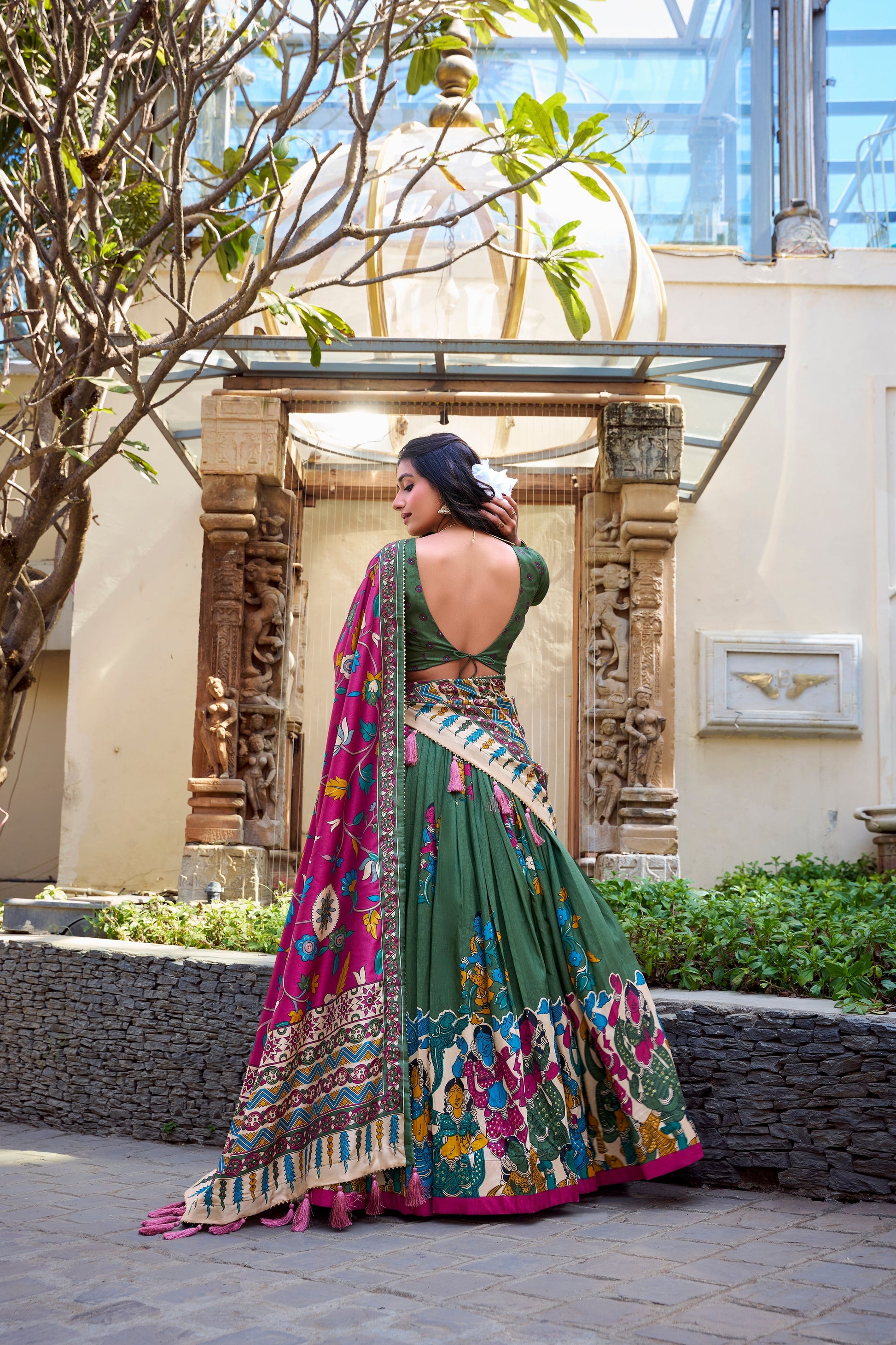 Lorenvalley Mehendi Tussar Silk Kalamkari With Foil Work Lehenga Choli | Swadesiicart