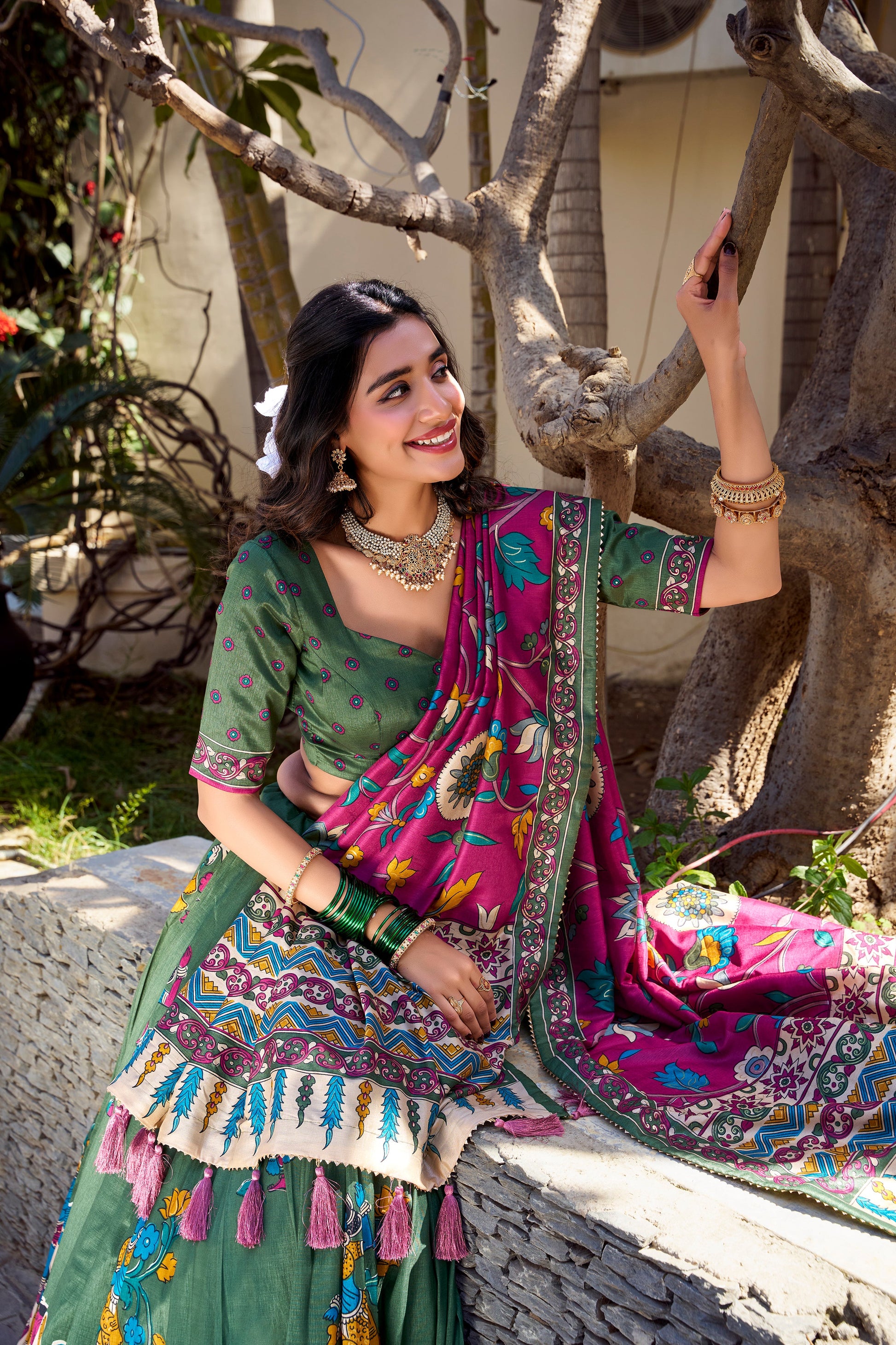 Lorenvalley Mehendi Tussar Silk Kalamkari With Foil Work Lehenga Choli | Swadesiicart