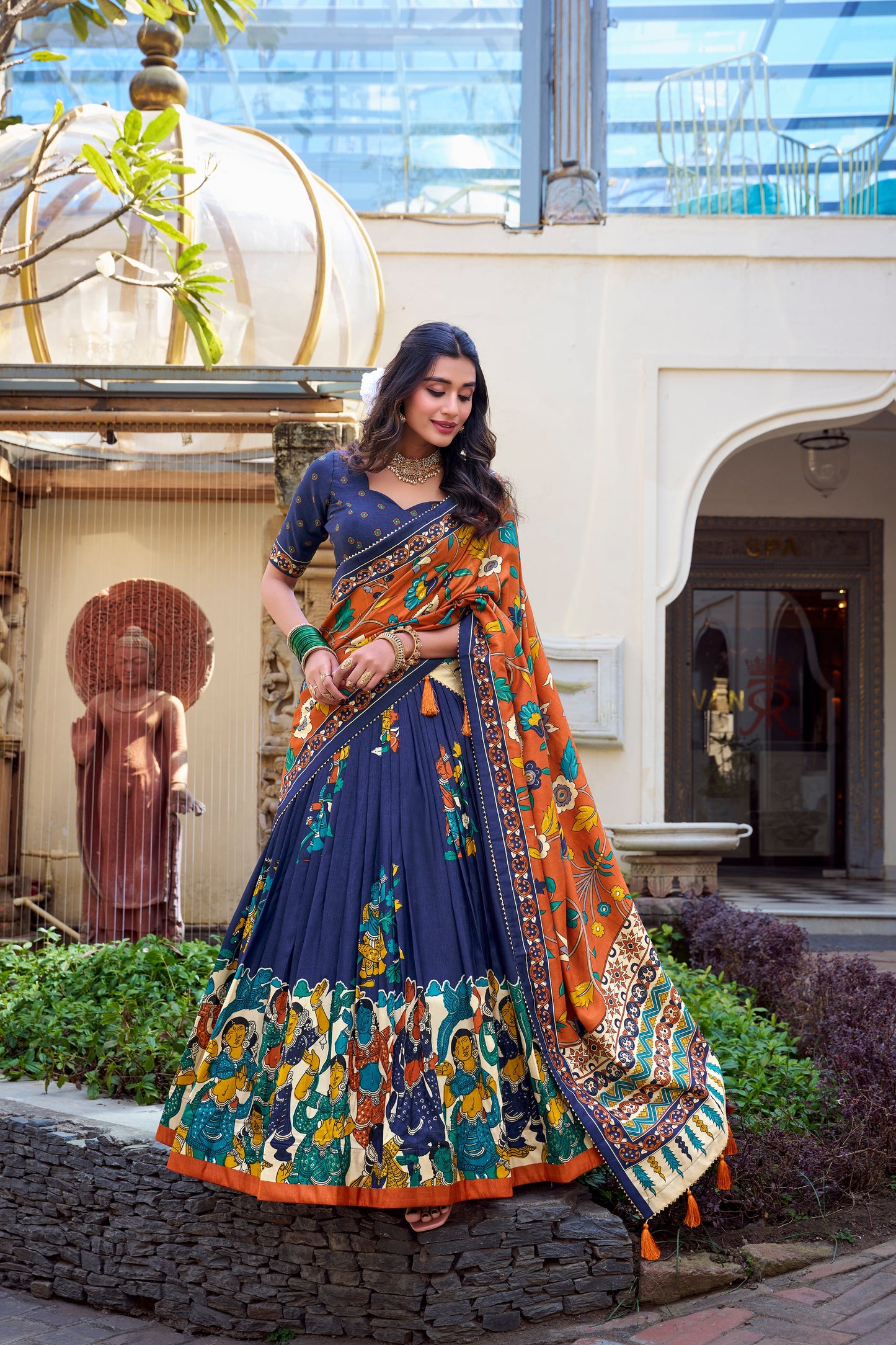 Lorenvalley Blue Tussar Silk Kalamkari With Foil Work Lehenga Choli | Swadesiicart