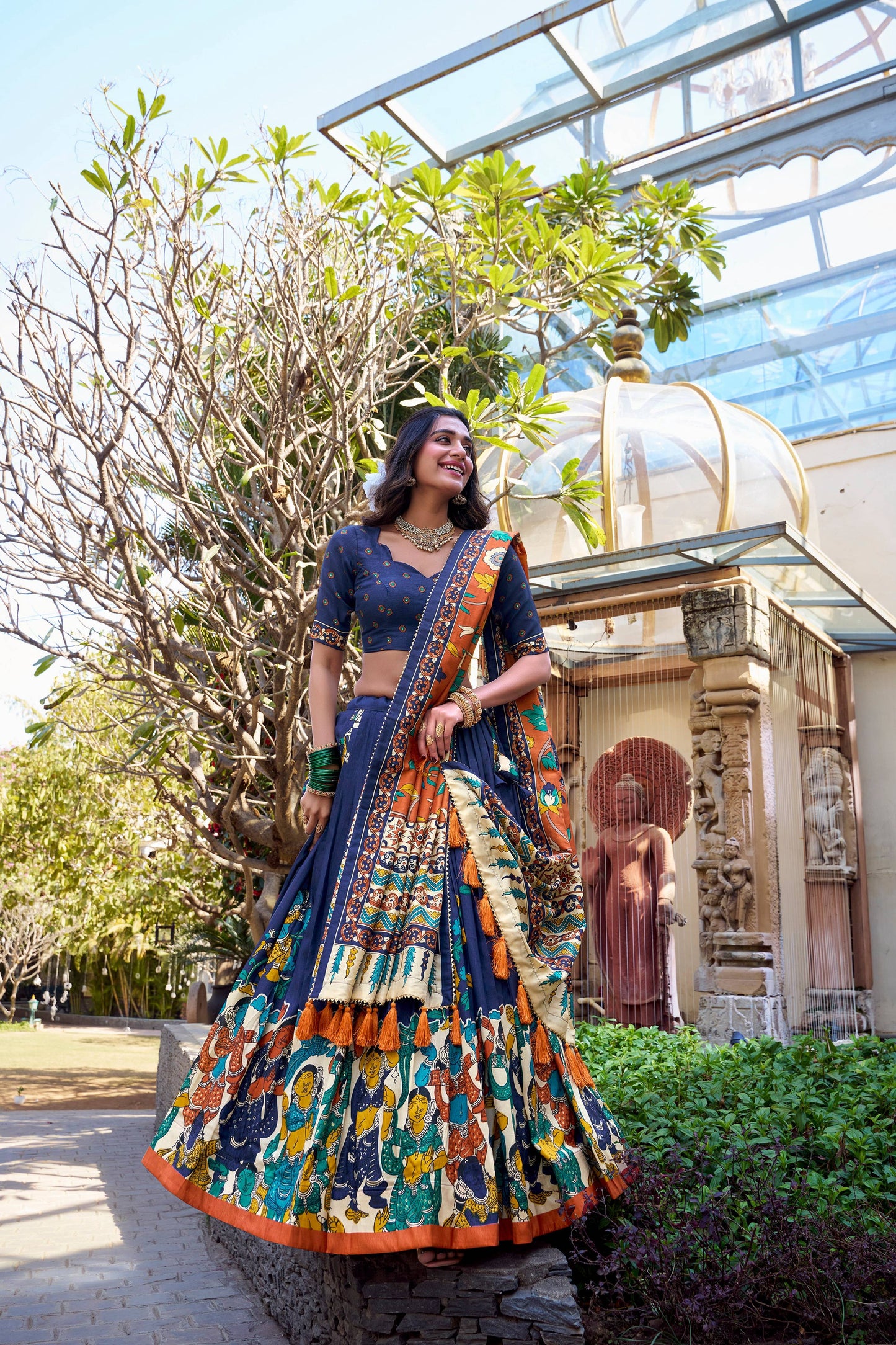 Lorenvalley Blue Tussar Silk Kalamkari With Foil Work Lehenga Choli | Swadesiicart