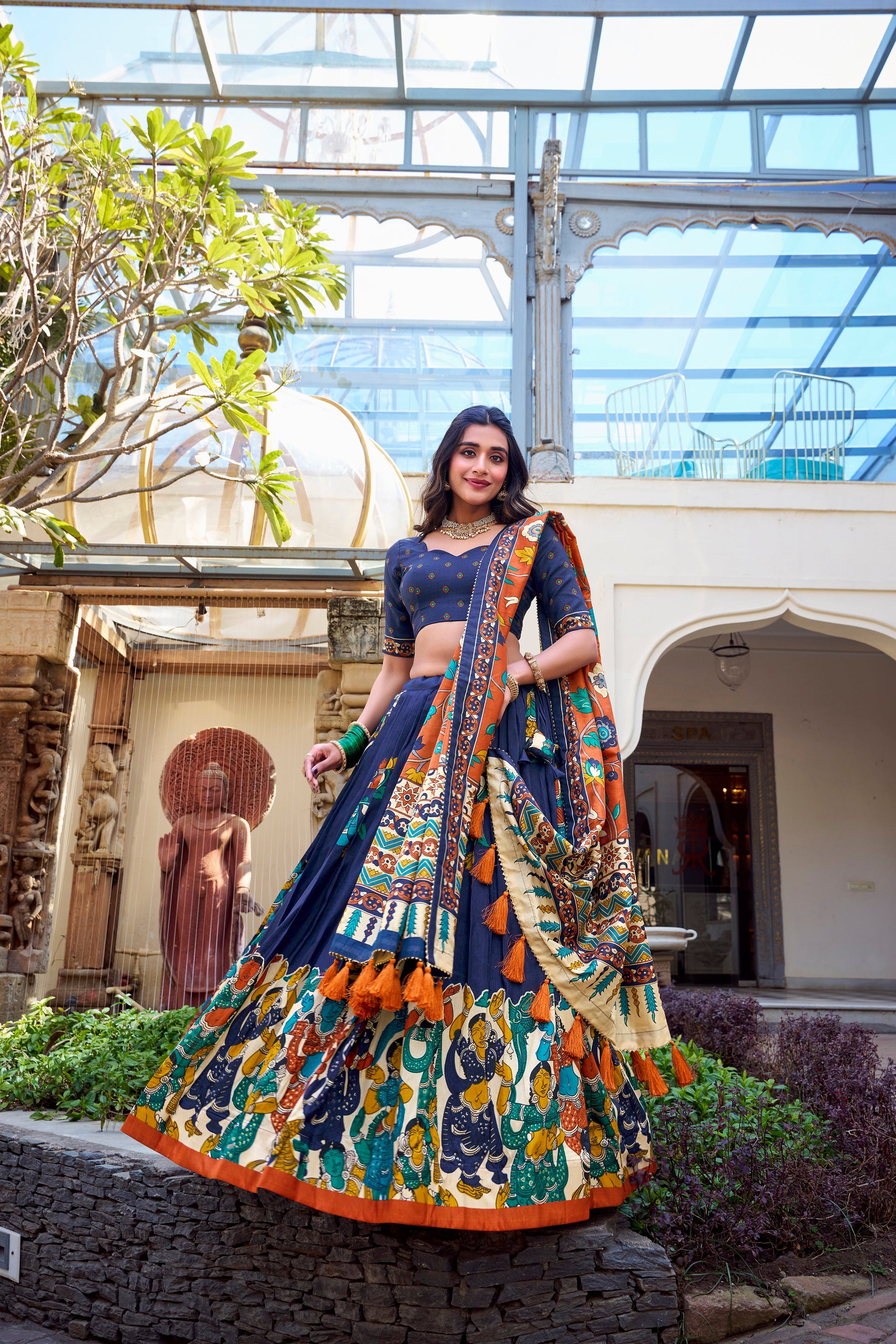 Lorenvalley Blue Tussar Silk Kalamkari With Foil Work Lehenga Choli | Swadesiicart