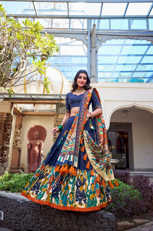 Lorenvalley Blue Tussar Silk Kalamkari With Foil Work Lehenga Choli | Swadesiicart