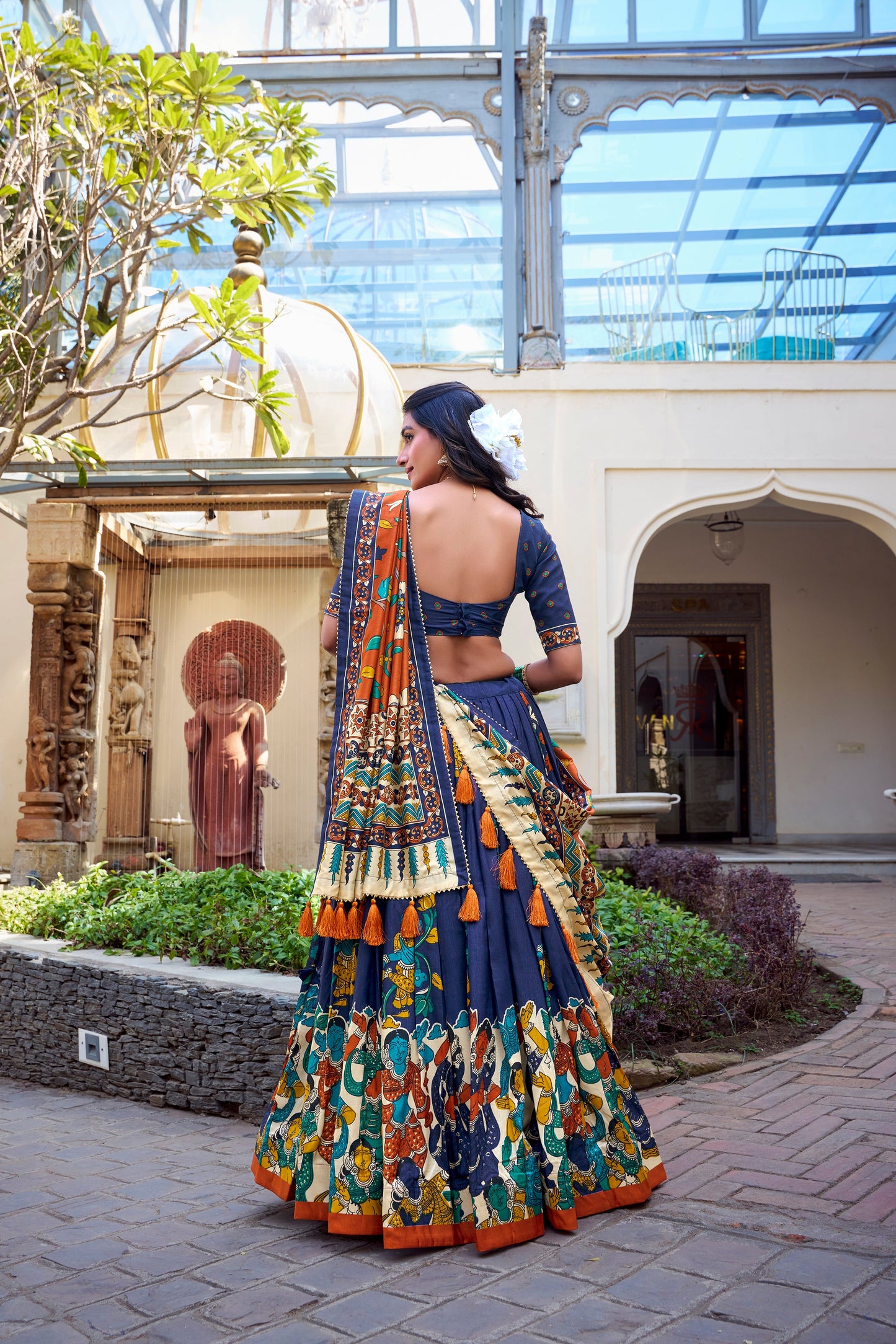 Lorenvalley Blue Tussar Silk Kalamkari With Foil Work Lehenga Choli | Swadesiicart