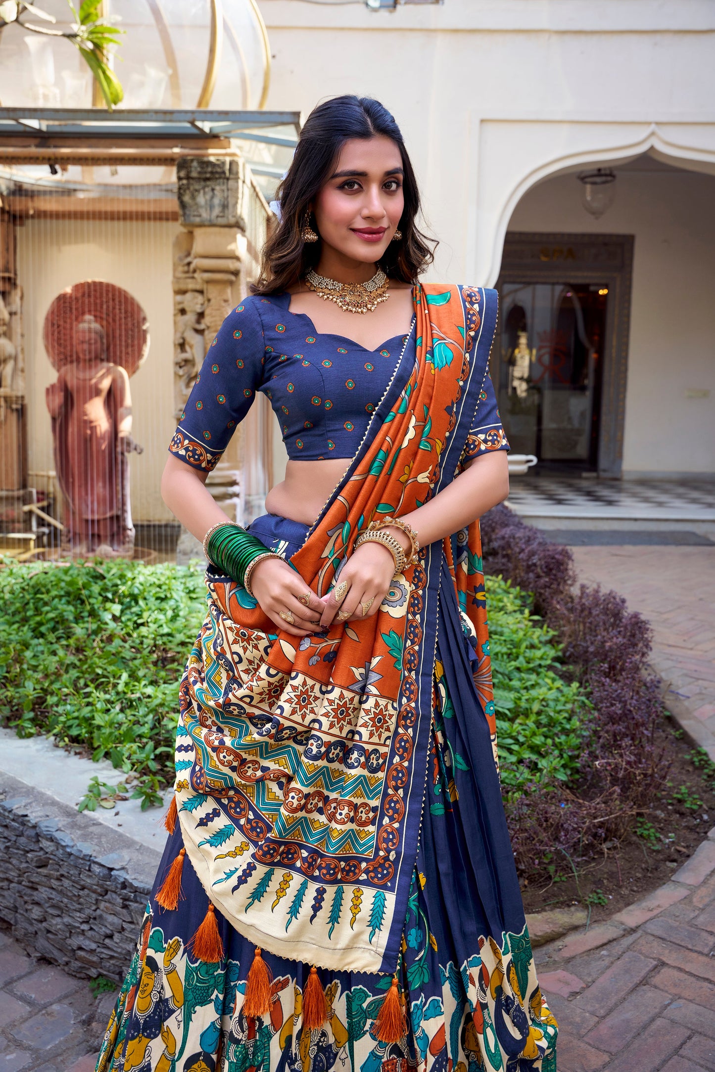 Lorenvalley Blue Tussar Silk Kalamkari With Foil Work Lehenga Choli | Swadesiicart