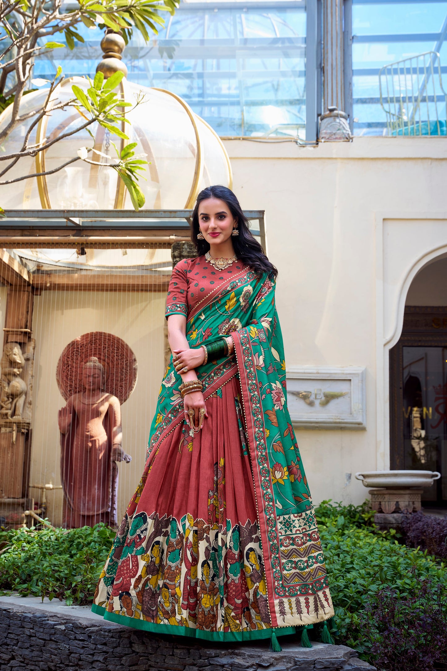 Lorenvalley Rust Tussar Silk Kalamkari With Foil Work Lehenga Choli | Swadesiicart