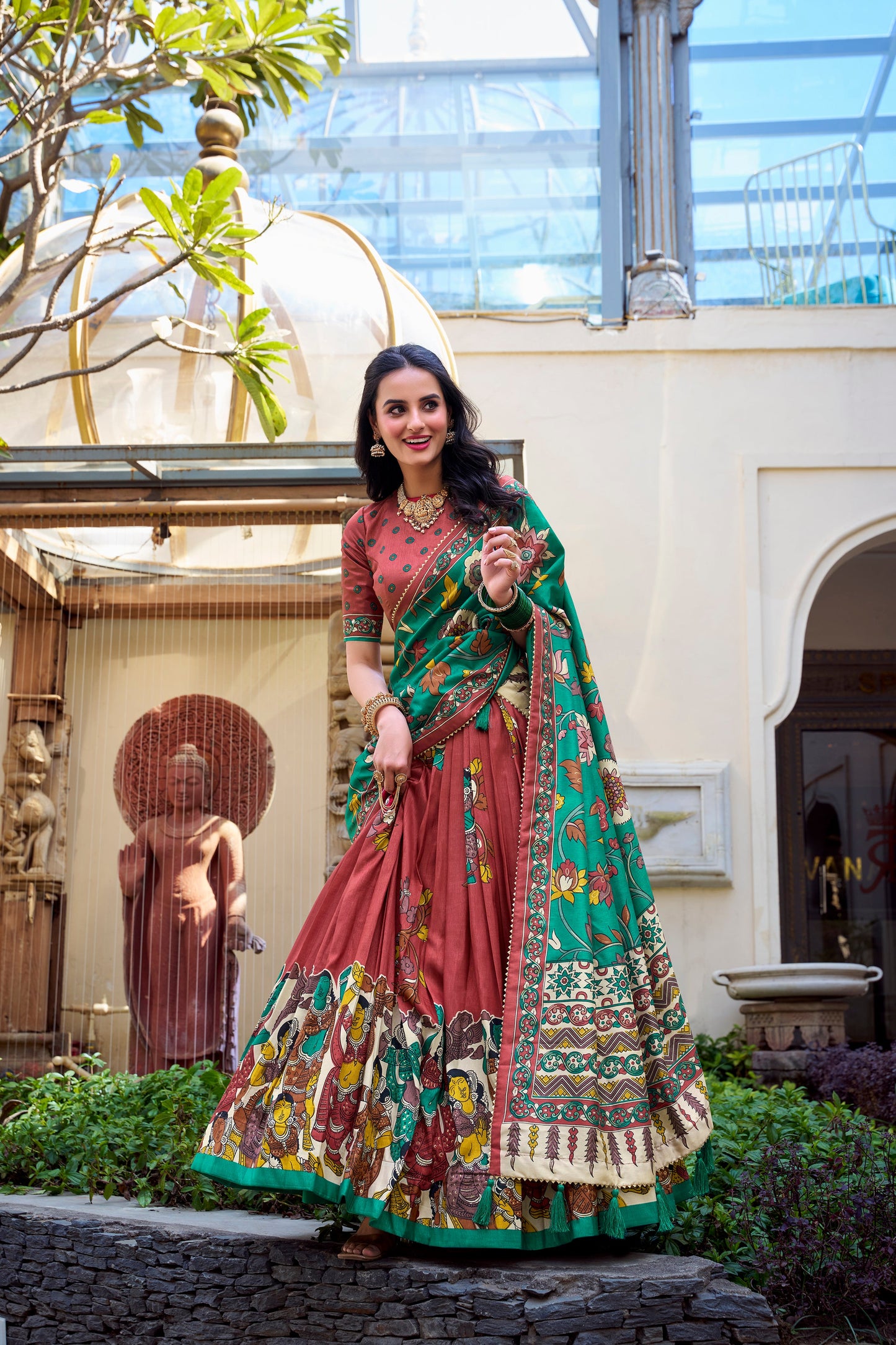 Lorenvalley Rust Tussar Silk Kalamkari With Foil Work Lehenga Choli | Swadesiicart