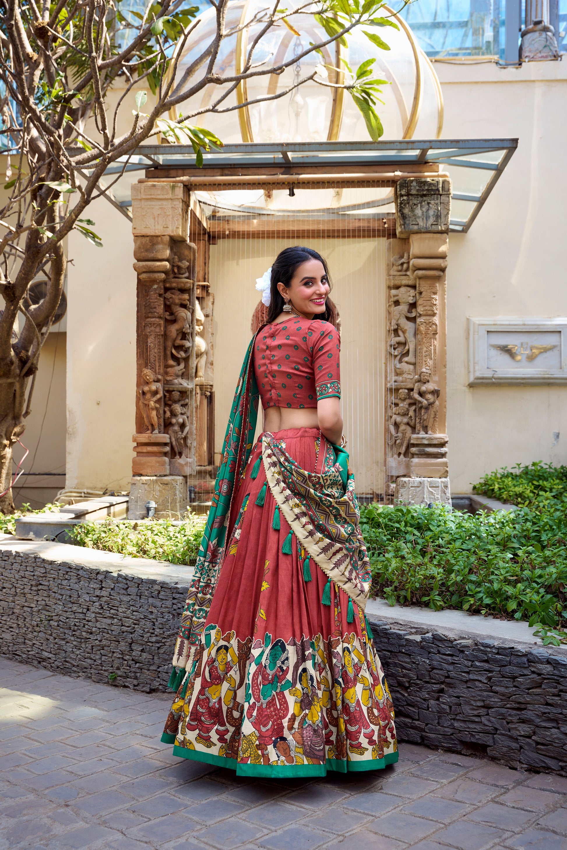 Lorenvalley Rust Tussar Silk Kalamkari With Foil Work Lehenga Choli | Swadesiicart