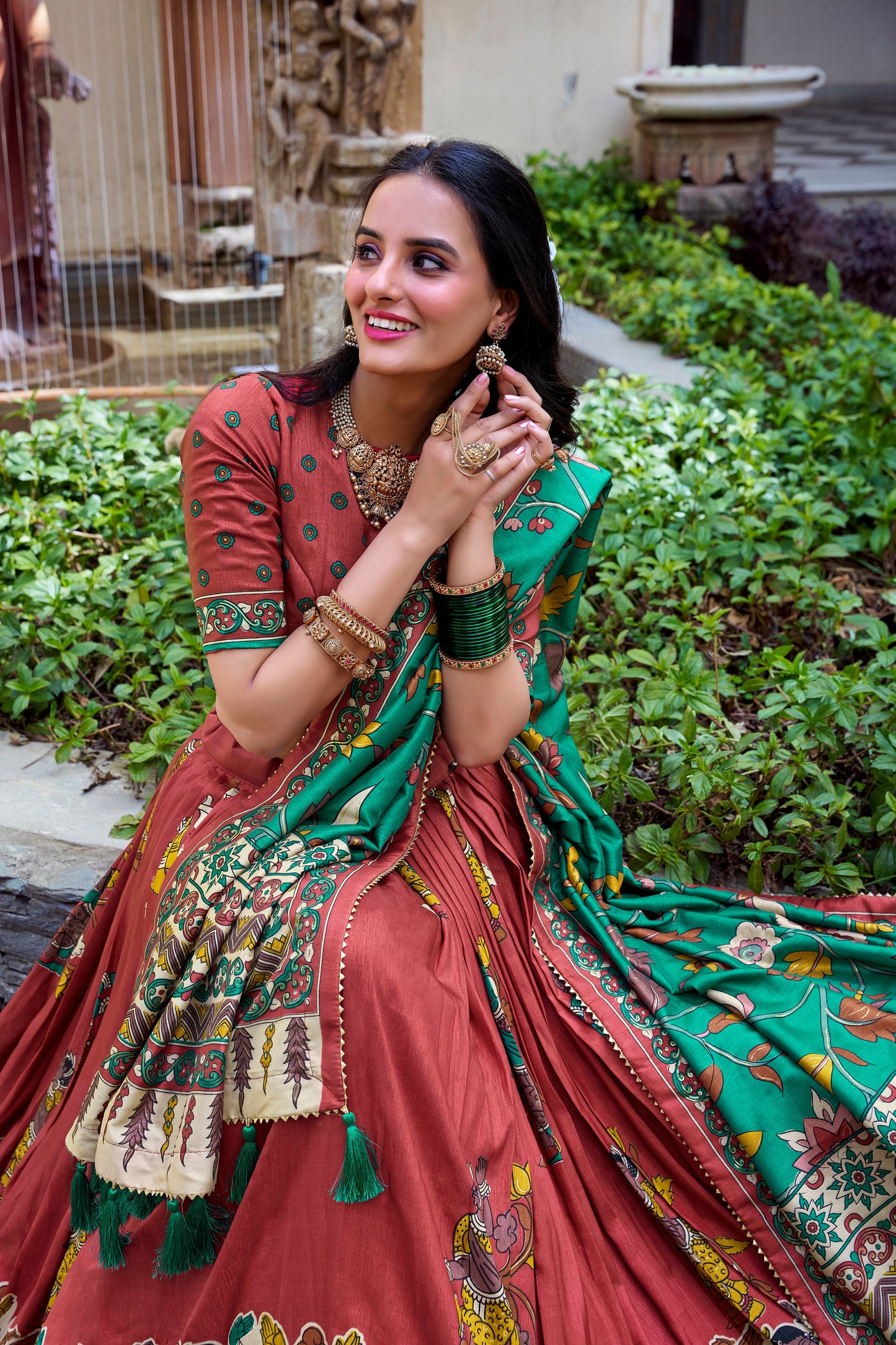 Lorenvalley Rust Tussar Silk Kalamkari With Foil Work Lehenga Choli | Swadesiicart