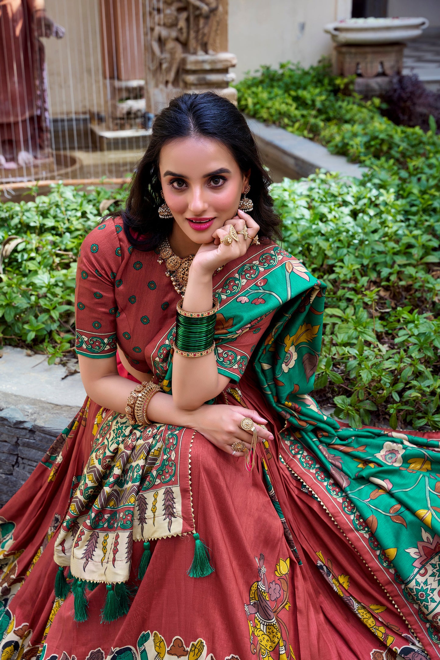 Lorenvalley Rust Tussar Silk Kalamkari With Foil Work Lehenga Choli | Swadesiicart