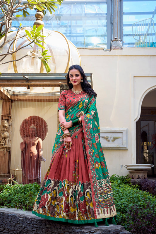 Lorenvalley Rust Tussar Silk Kalamkari With Foil Work Lehenga Choli | Swadesiicart