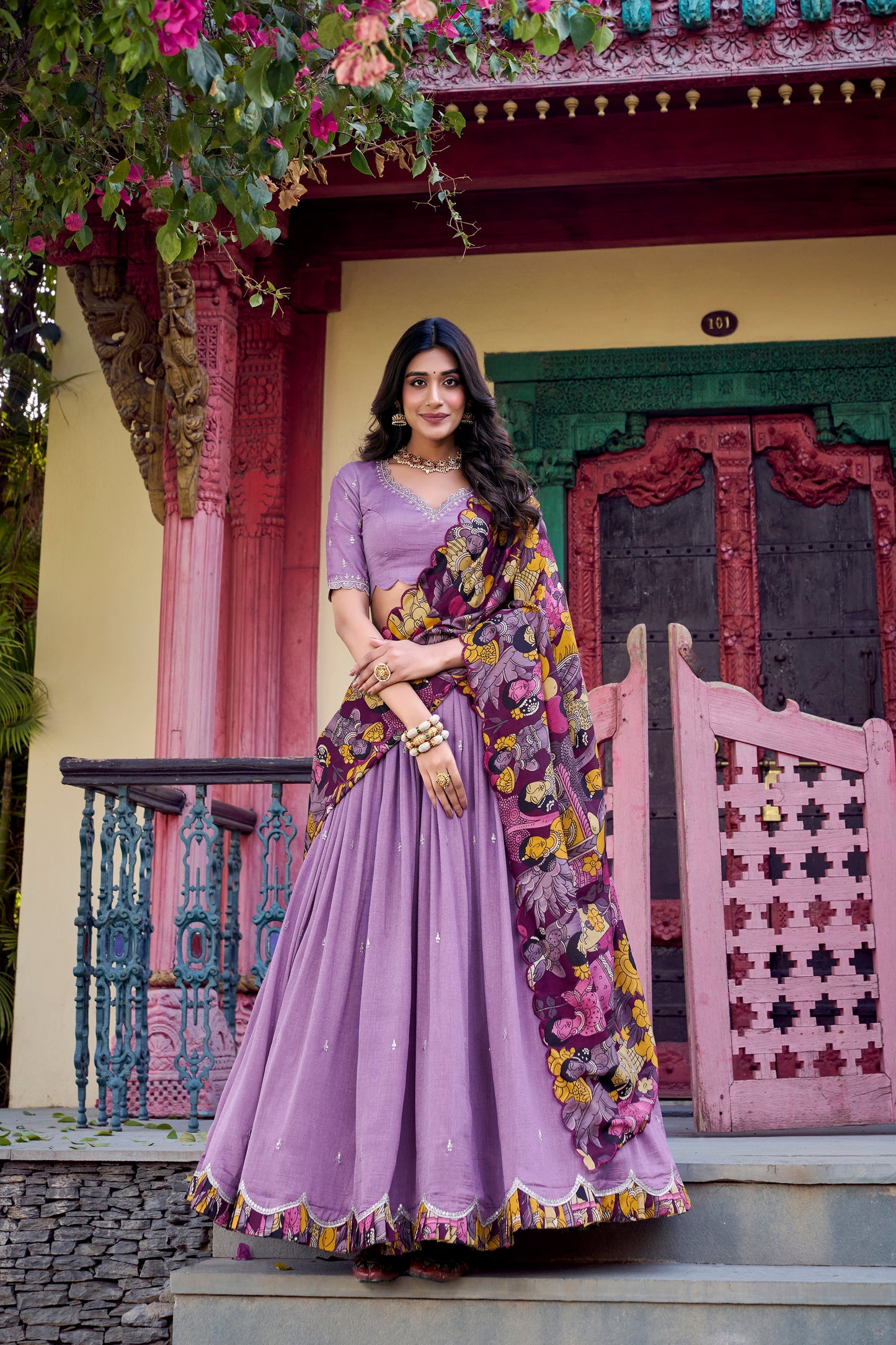 Lorenvalley Lavender Vichitra Silk Sequins and Thread Embroidery Work with Kalamkari Print Border Lehenga Choli with Dupatta | Swadesiicart