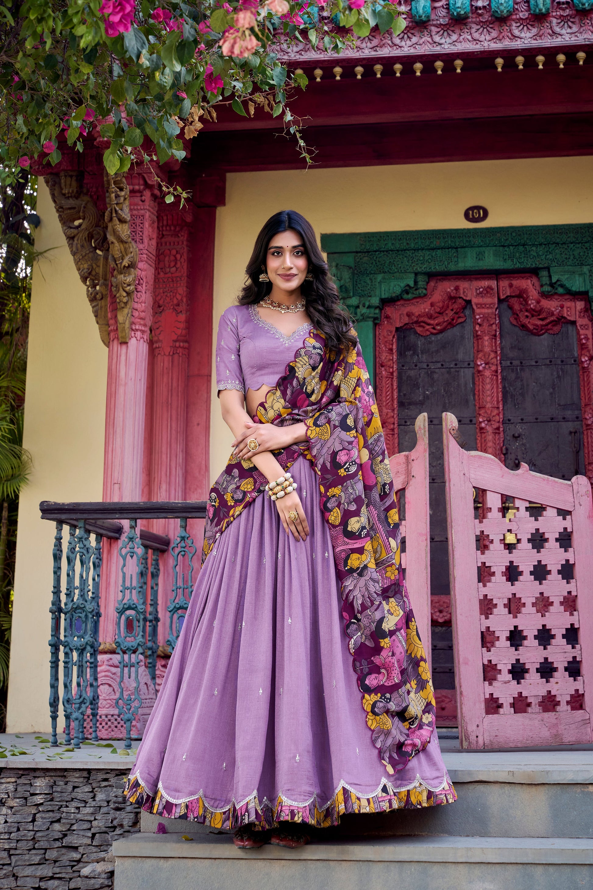 Lorenvalley Lavender Vichitra Silk Sequins and Thread Embroidery Work with Kalamkari Print Border Lehenga Choli with Dupatta | Swadesiicart