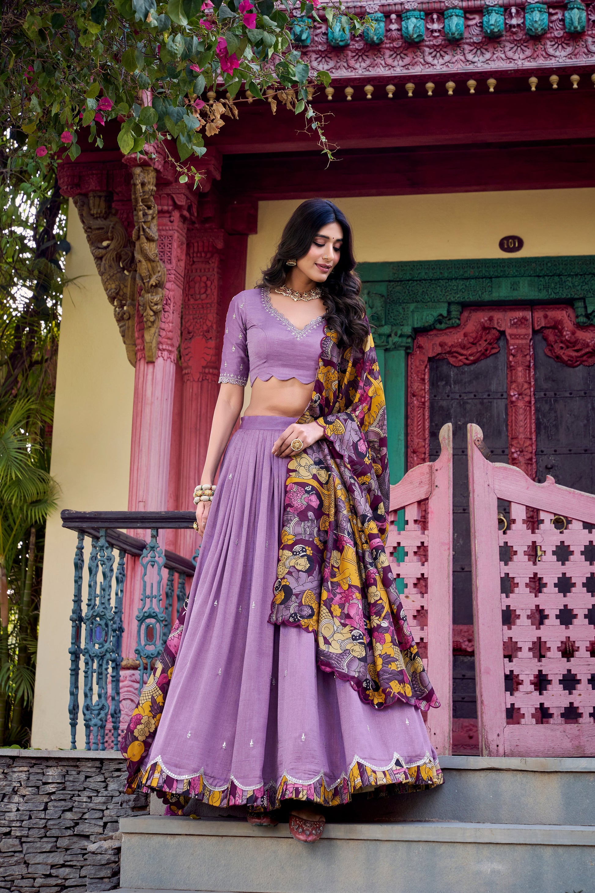 Lorenvalley Lavender Vichitra Silk Sequins and Thread Embroidery Work with Kalamkari Print Border Lehenga Choli with Dupatta | Swadesiicart