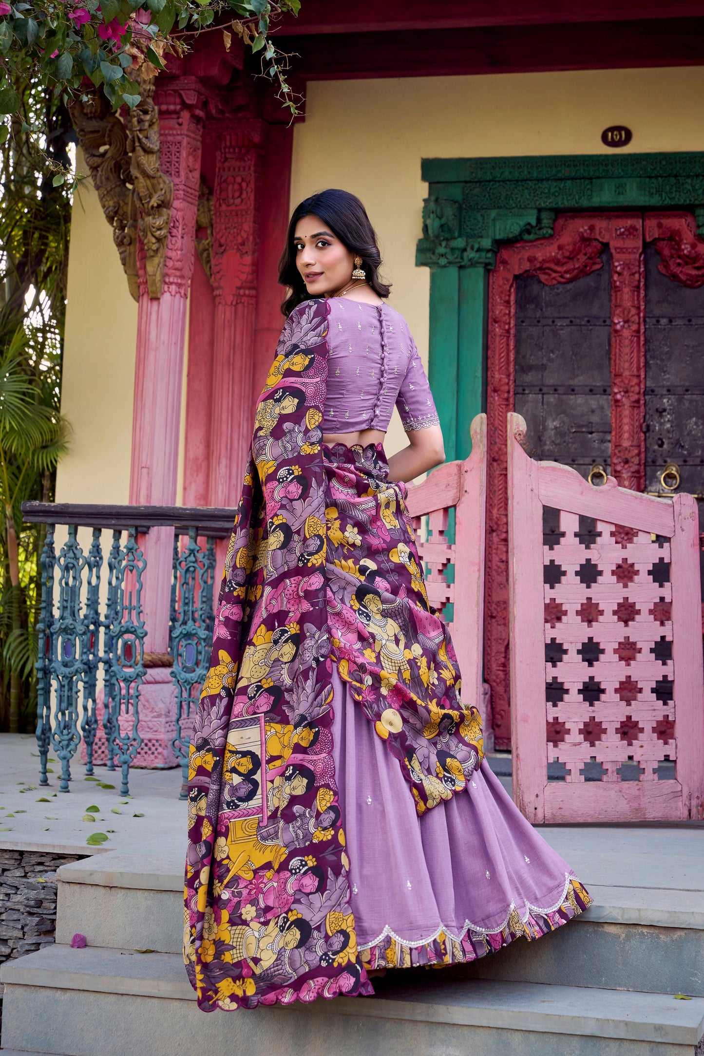 Lorenvalley Lavender Vichitra Silk Sequins and Thread Embroidery Work with Kalamkari Print Border Lehenga Choli with Dupatta | Swadesiicart