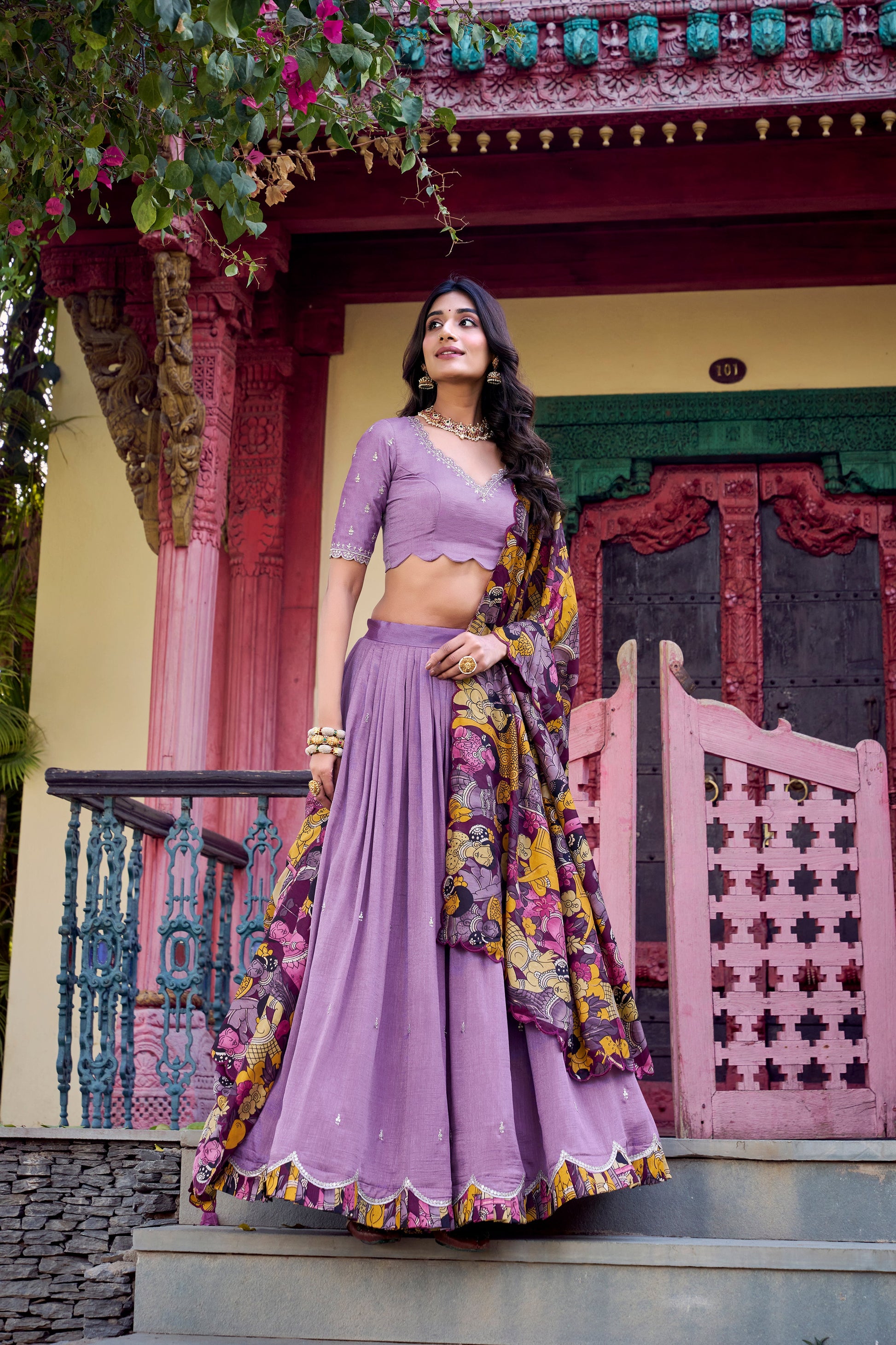Lorenvalley Lavender Vichitra Silk Sequins and Thread Embroidery Work with Kalamkari Print Border Lehenga Choli with Dupatta | Swadesiicart