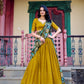 Lorenvalley Mustard Vichitra Silk Sequins and Thread Embroidery Work with Kalamkari Print Border Lehenga Choli with Dupatta | Swadesiicart