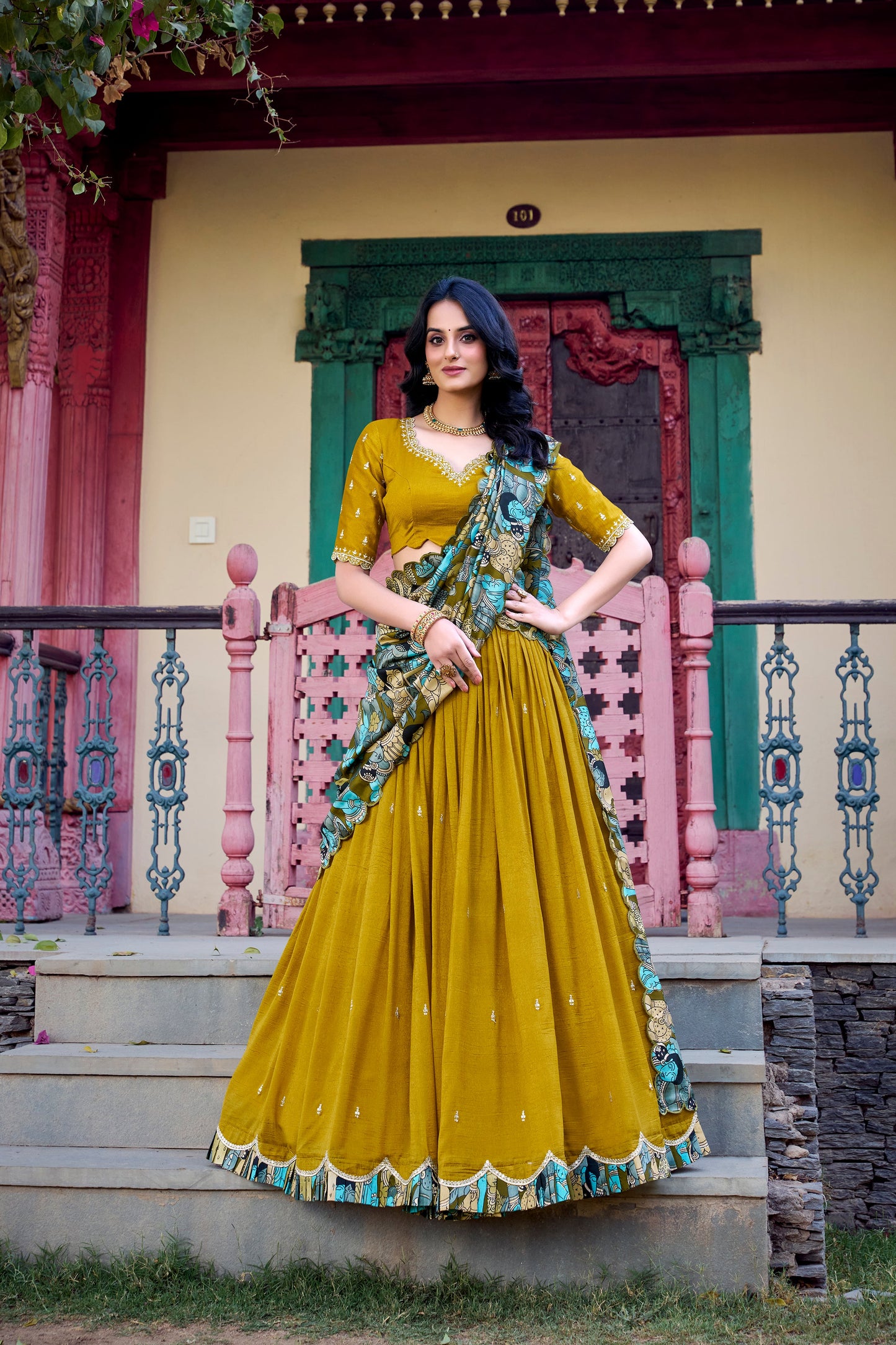 Lorenvalley Mustard Vichitra Silk Sequins and Thread Embroidery Work with Kalamkari Print Border Lehenga Choli with Dupatta | Swadesiicart