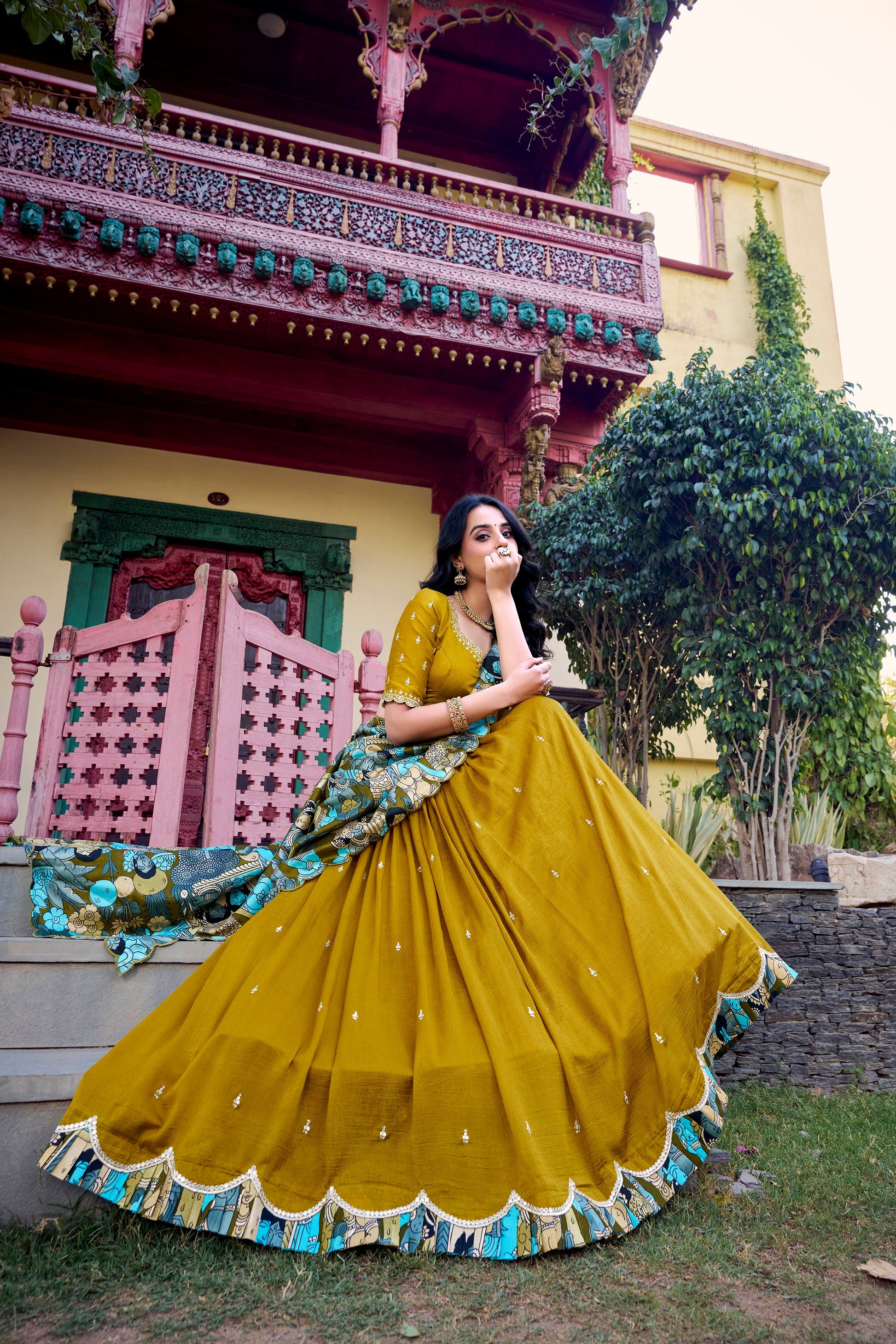Lorenvalley Mustard Vichitra Silk Sequins and Thread Embroidery Work with Kalamkari Print Border Lehenga Choli with Dupatta | Swadesiicart