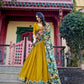 Lorenvalley Mustard Vichitra Silk Sequins and Thread Embroidery Work with Kalamkari Print Border Lehenga Choli with Dupatta | Swadesiicart