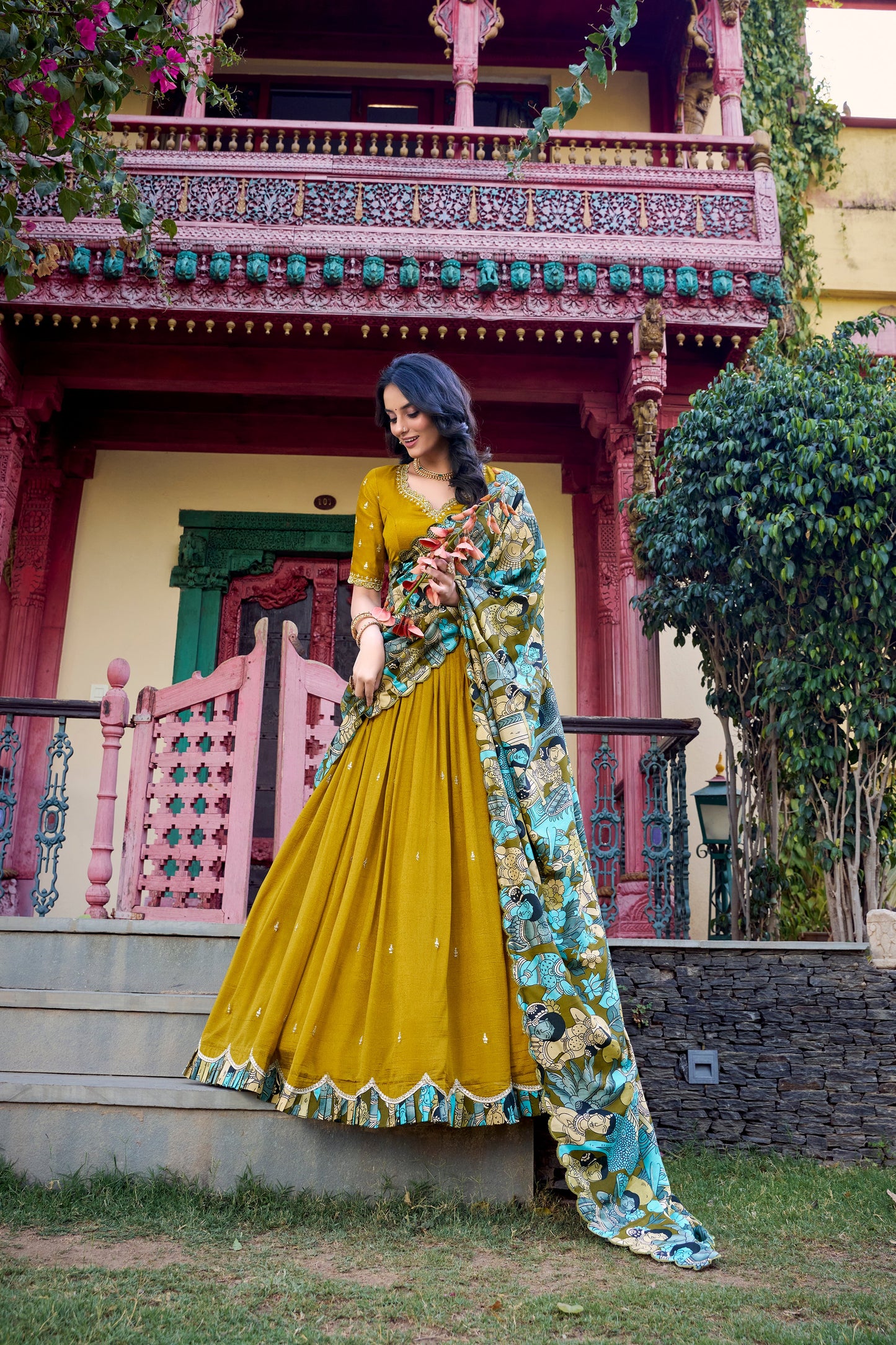 Lorenvalley Mustard Vichitra Silk Sequins and Thread Embroidery Work with Kalamkari Print Border Lehenga Choli with Dupatta | Swadesiicart