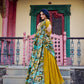 Lorenvalley Mustard Vichitra Silk Sequins and Thread Embroidery Work with Kalamkari Print Border Lehenga Choli with Dupatta | Swadesiicart