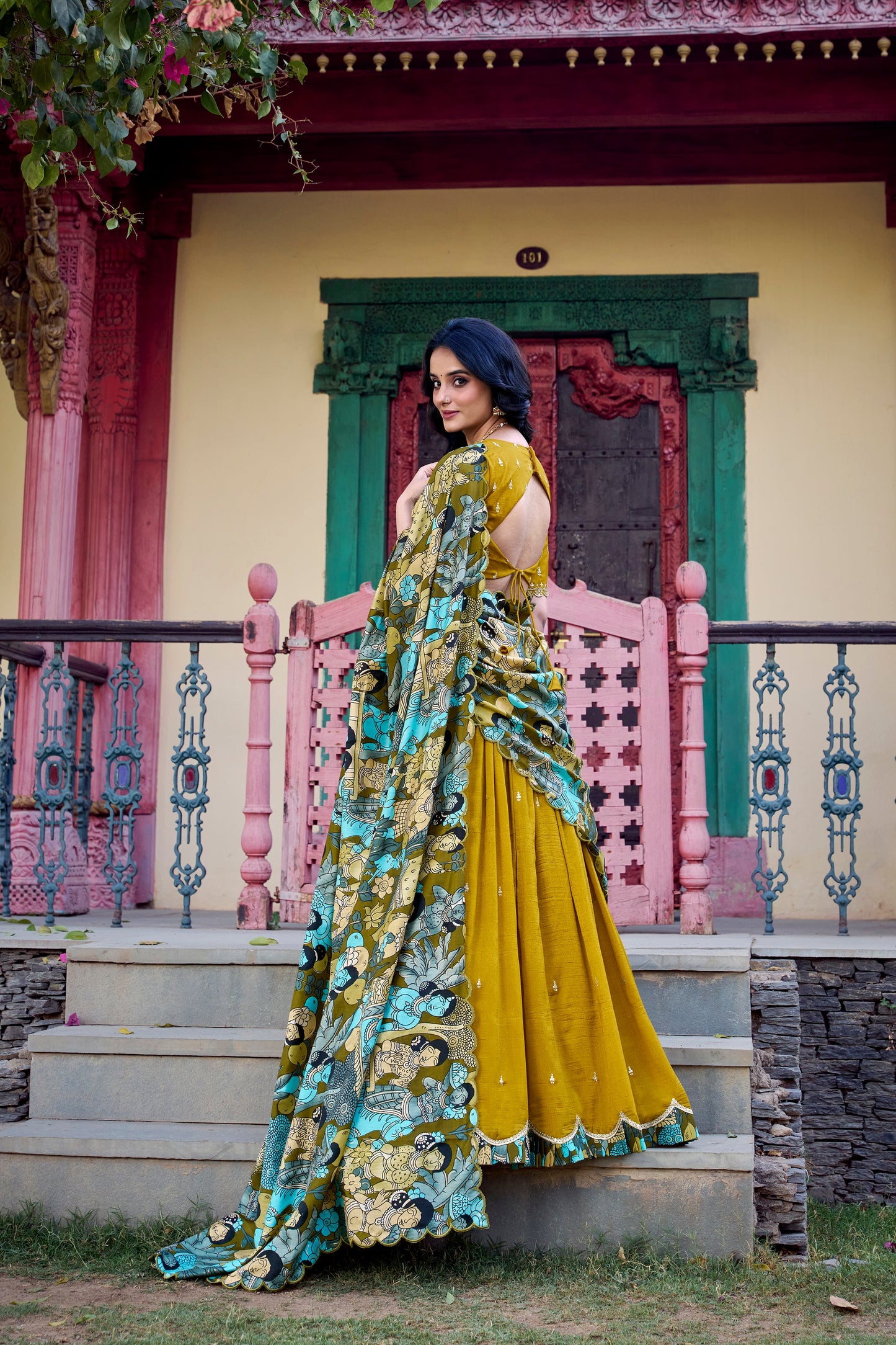 Lorenvalley Mustard Vichitra Silk Sequins and Thread Embroidery Work with Kalamkari Print Border Lehenga Choli with Dupatta | Swadesiicart