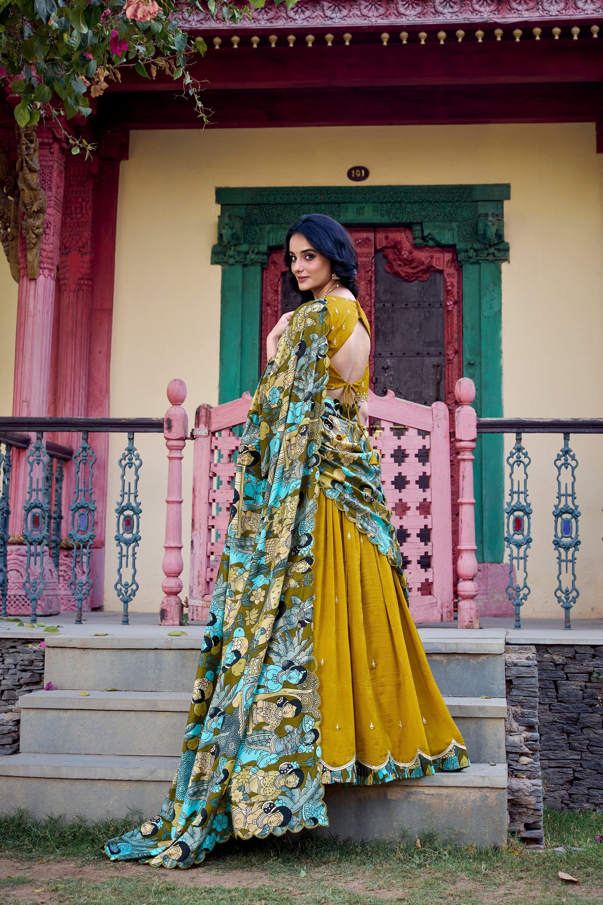 Lorenvalley Mustard Vichitra Silk Sequins and Thread Embroidery Work with Kalamkari Print Border Lehenga Choli with Dupatta | Swadesiicart