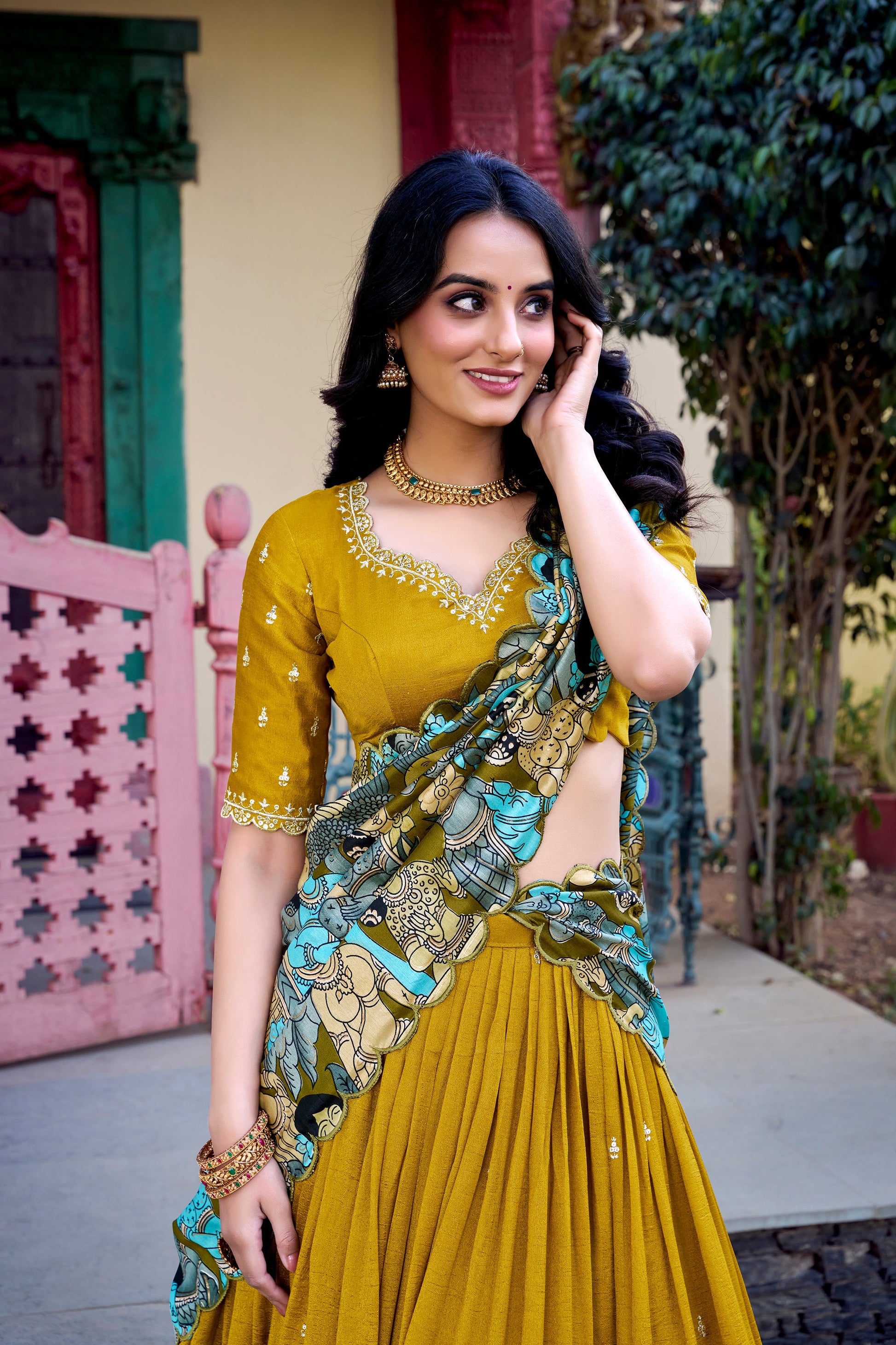 Lorenvalley Mustard Vichitra Silk Sequins and Thread Embroidery Work with Kalamkari Print Border Lehenga Choli with Dupatta | Swadesiicart