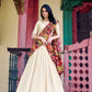 Lorenvalley Off White Vichitra Silk Sequins and Thread Embroidery Work with Kalamkari Print Border Lehenga Choli with Dupatta | Swadesiicart