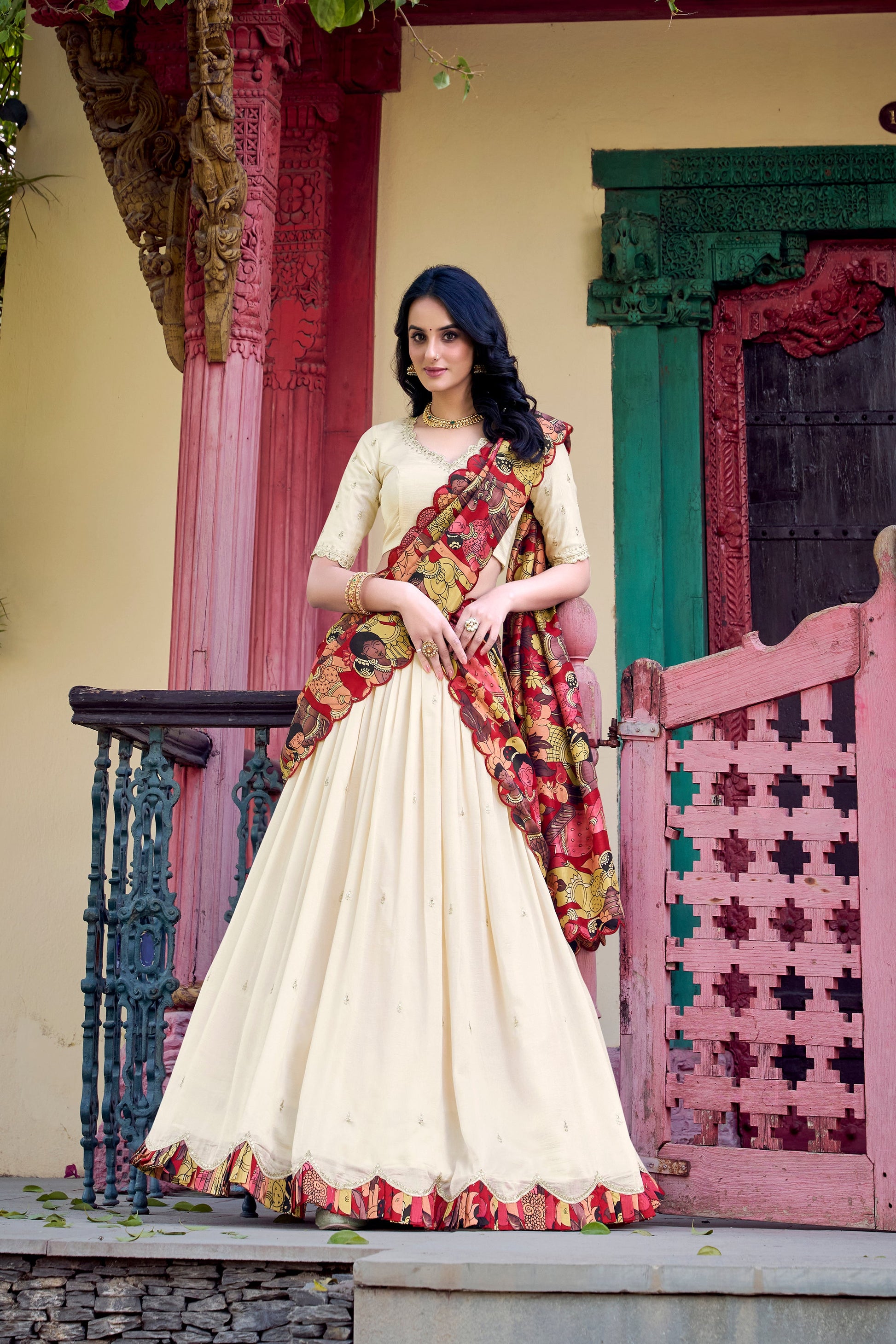 Lorenvalley Off White Vichitra Silk Sequins and Thread Embroidery Work with Kalamkari Print Border Lehenga Choli with Dupatta | Swadesiicart