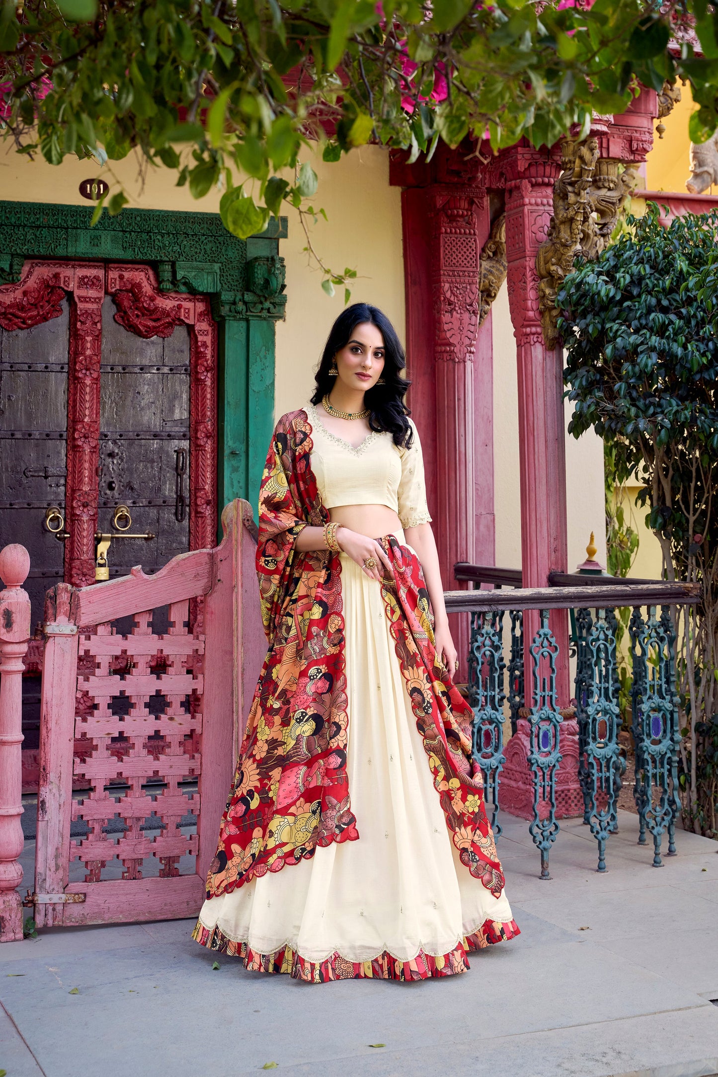 Lorenvalley Off White Vichitra Silk Sequins and Thread Embroidery Work with Kalamkari Print Border Lehenga Choli with Dupatta | Swadesiicart
