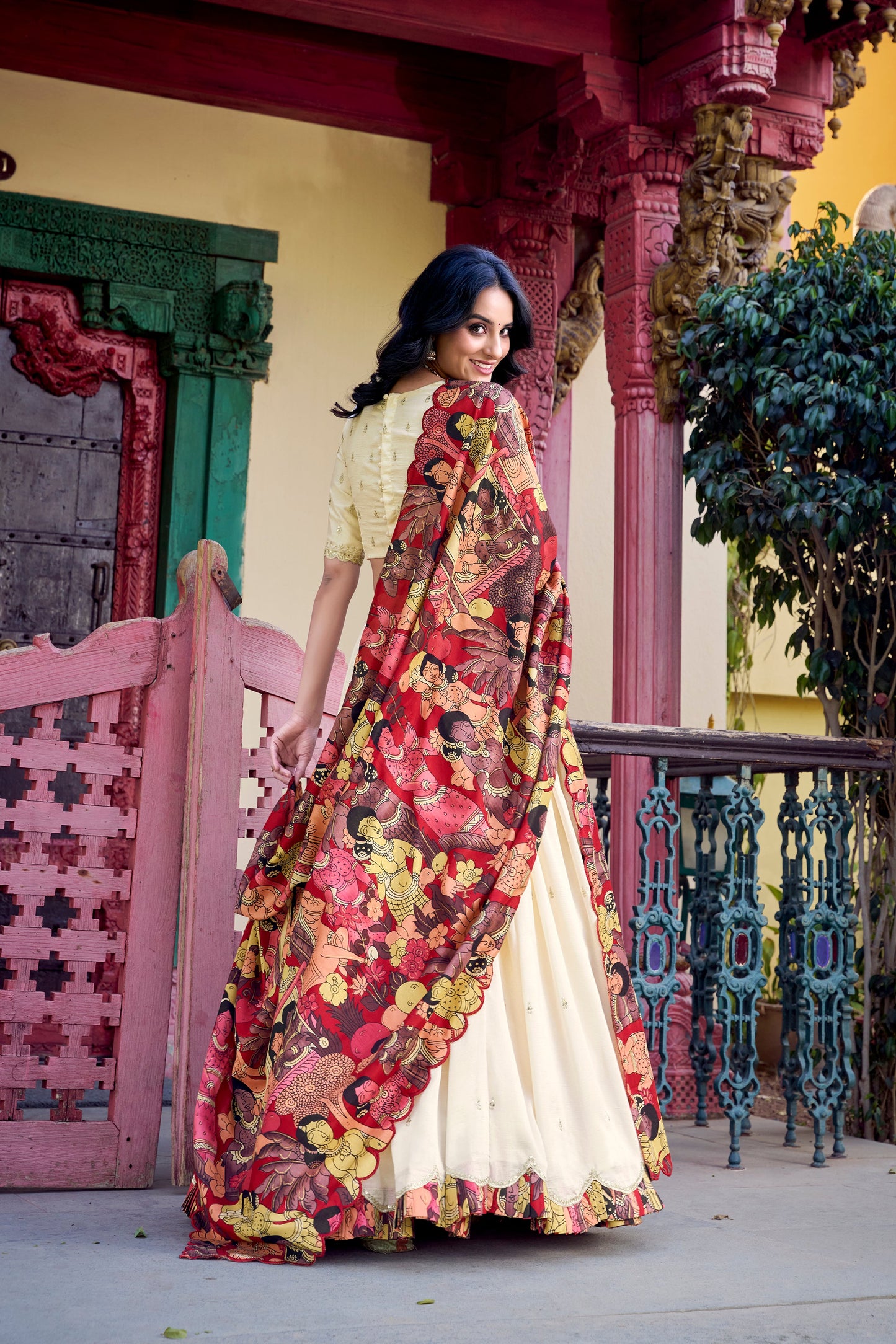 Lorenvalley Off White Vichitra Silk Sequins and Thread Embroidery Work with Kalamkari Print Border Lehenga Choli with Dupatta | Swadesiicart