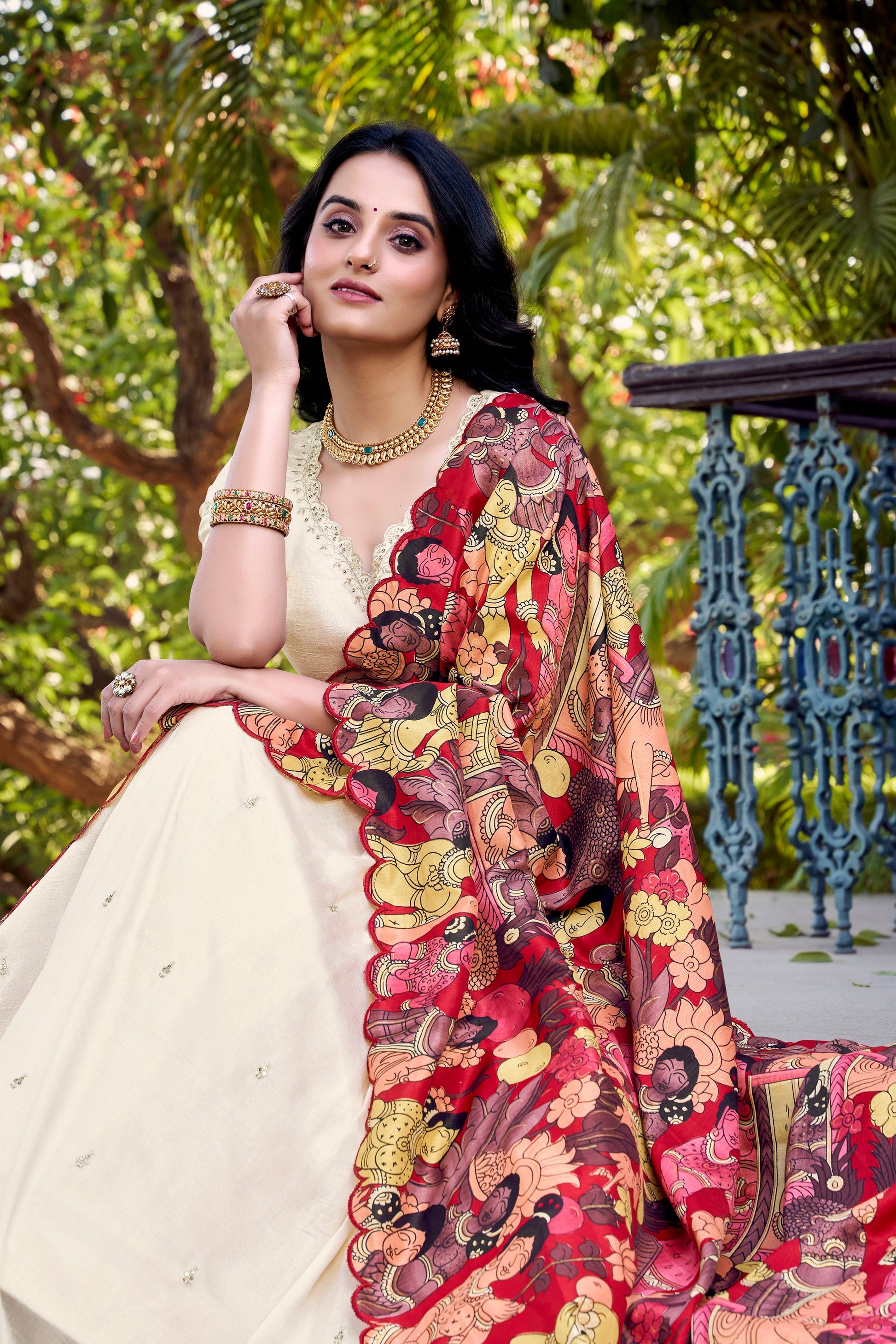 Lorenvalley Off White Vichitra Silk Sequins and Thread Embroidery Work with Kalamkari Print Border Lehenga Choli with Dupatta | Swadesiicart