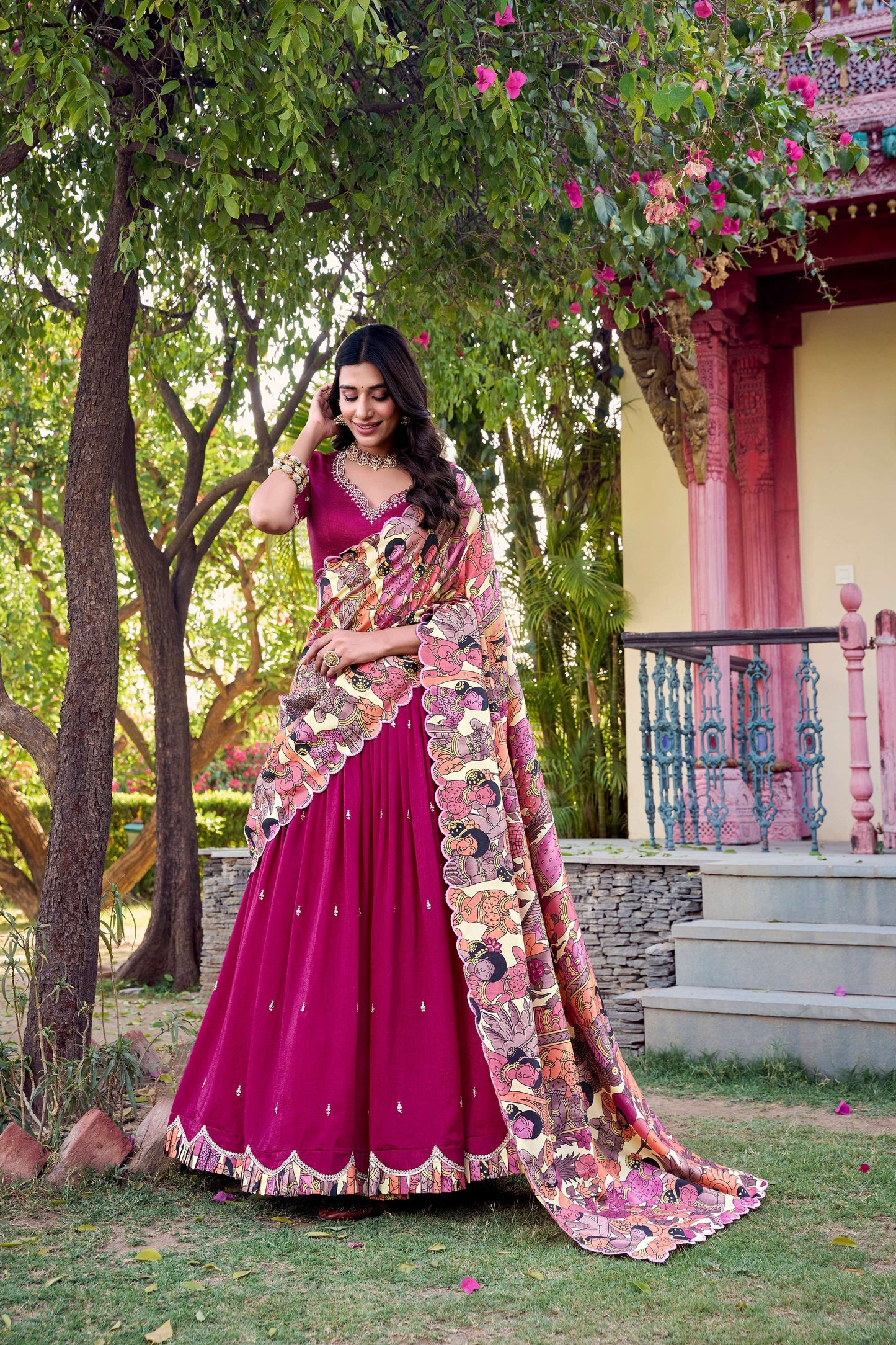 Lorenvalley Pink Vichitra Silk Sequins and Thread Embroidery Work with Kalamkari Print Border Lehenga Choli with Dupatta | Swadesiicart