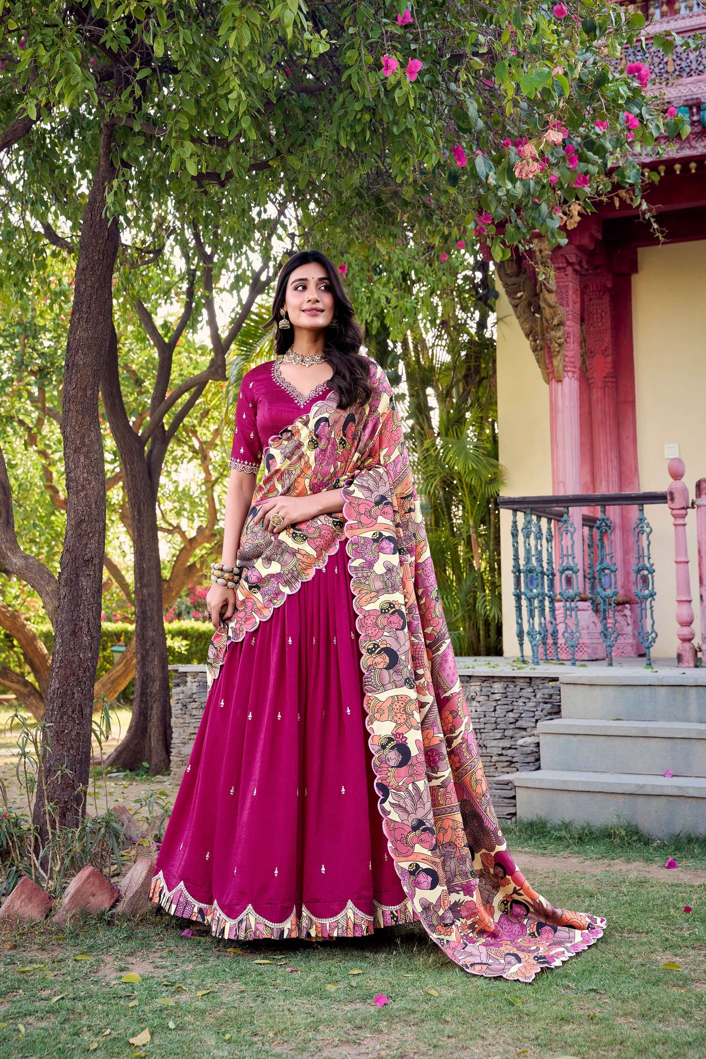 Lorenvalley Pink Vichitra Silk Sequins and Thread Embroidery Work with Kalamkari Print Border Lehenga Choli with Dupatta | Swadesiicart