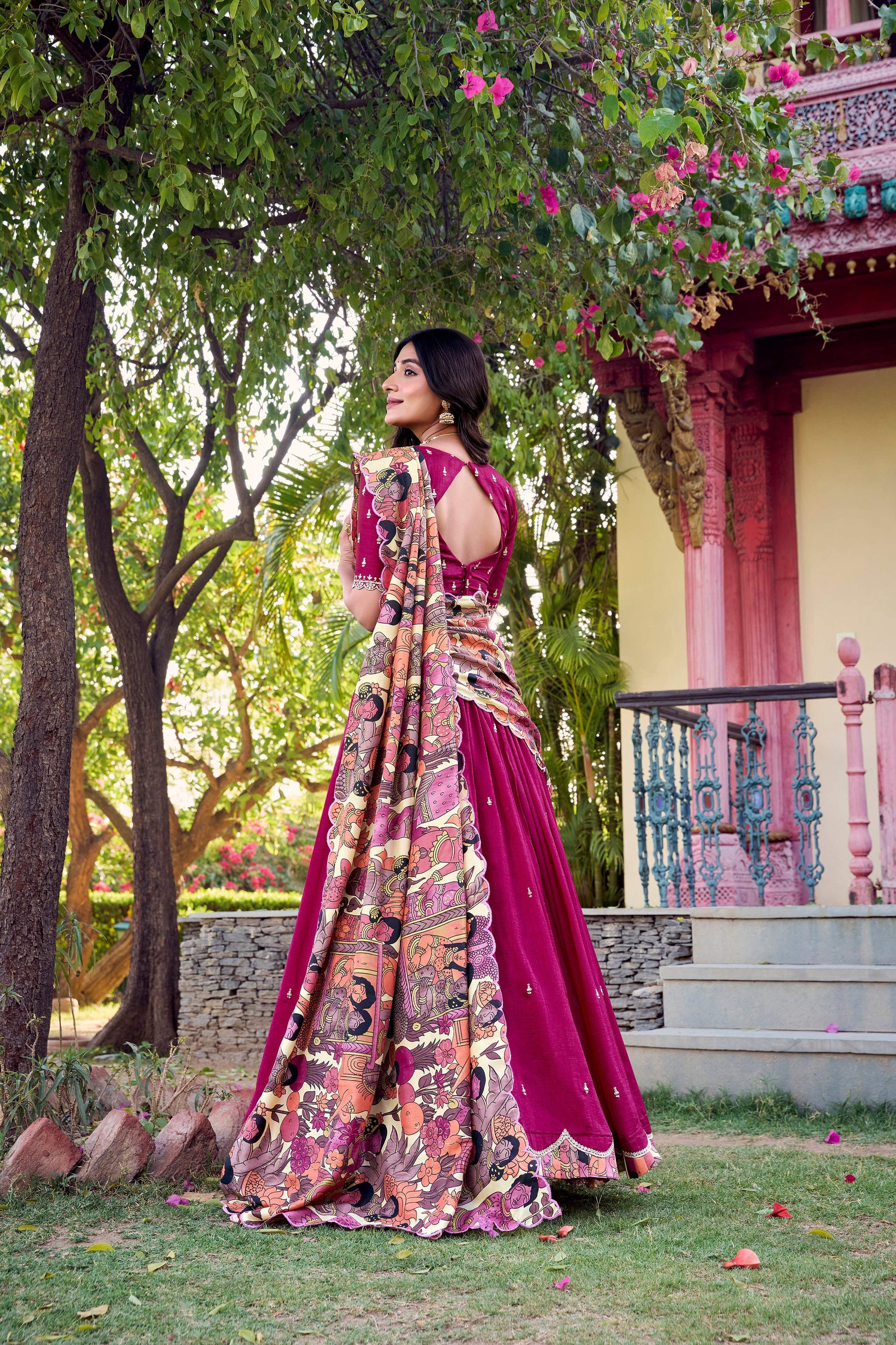 Lorenvalley Pink Vichitra Silk Sequins and Thread Embroidery Work with Kalamkari Print Border Lehenga Choli with Dupatta | Swadesiicart