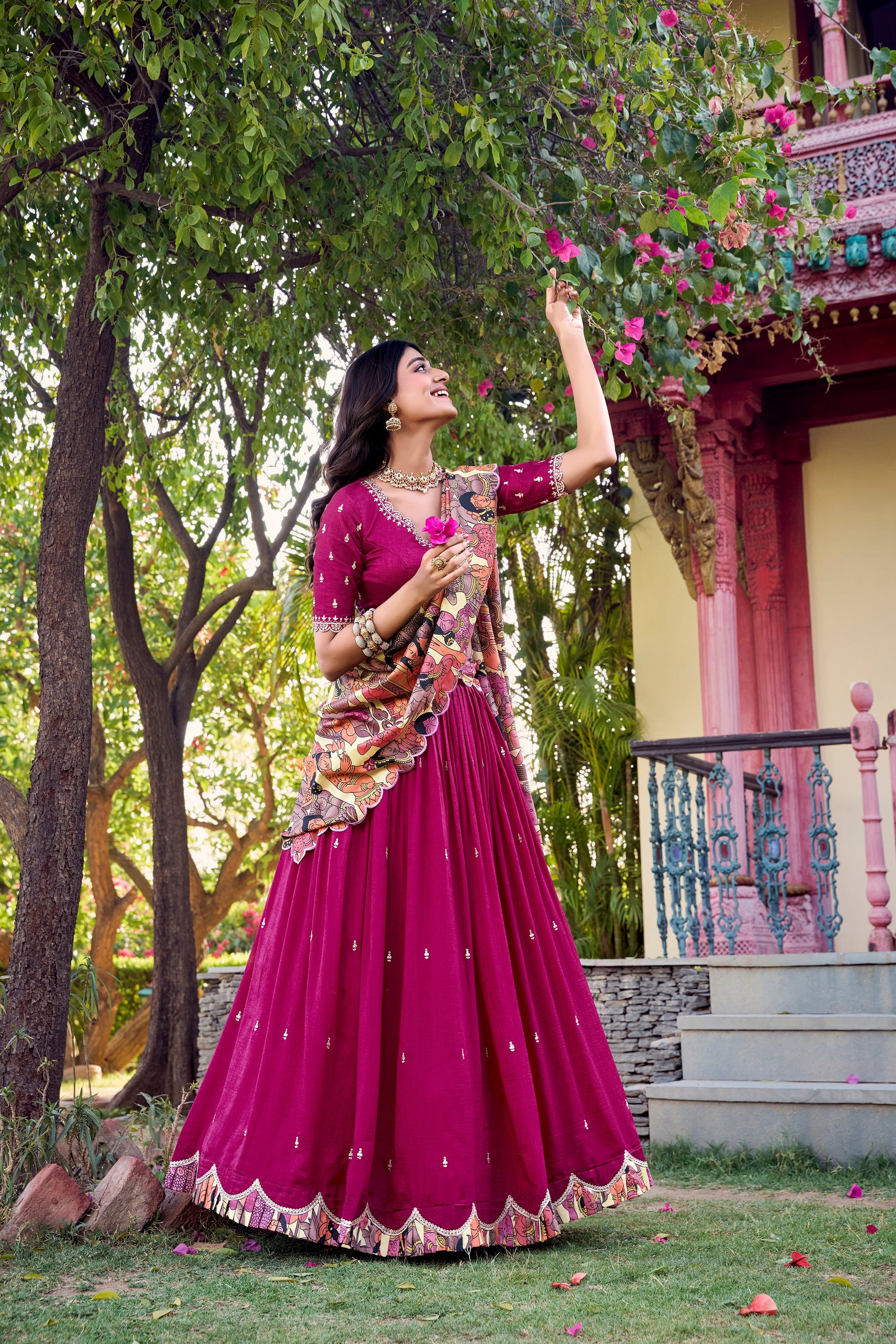 Lorenvalley Pink Vichitra Silk Sequins and Thread Embroidery Work with Kalamkari Print Border Lehenga Choli with Dupatta | Swadesiicart