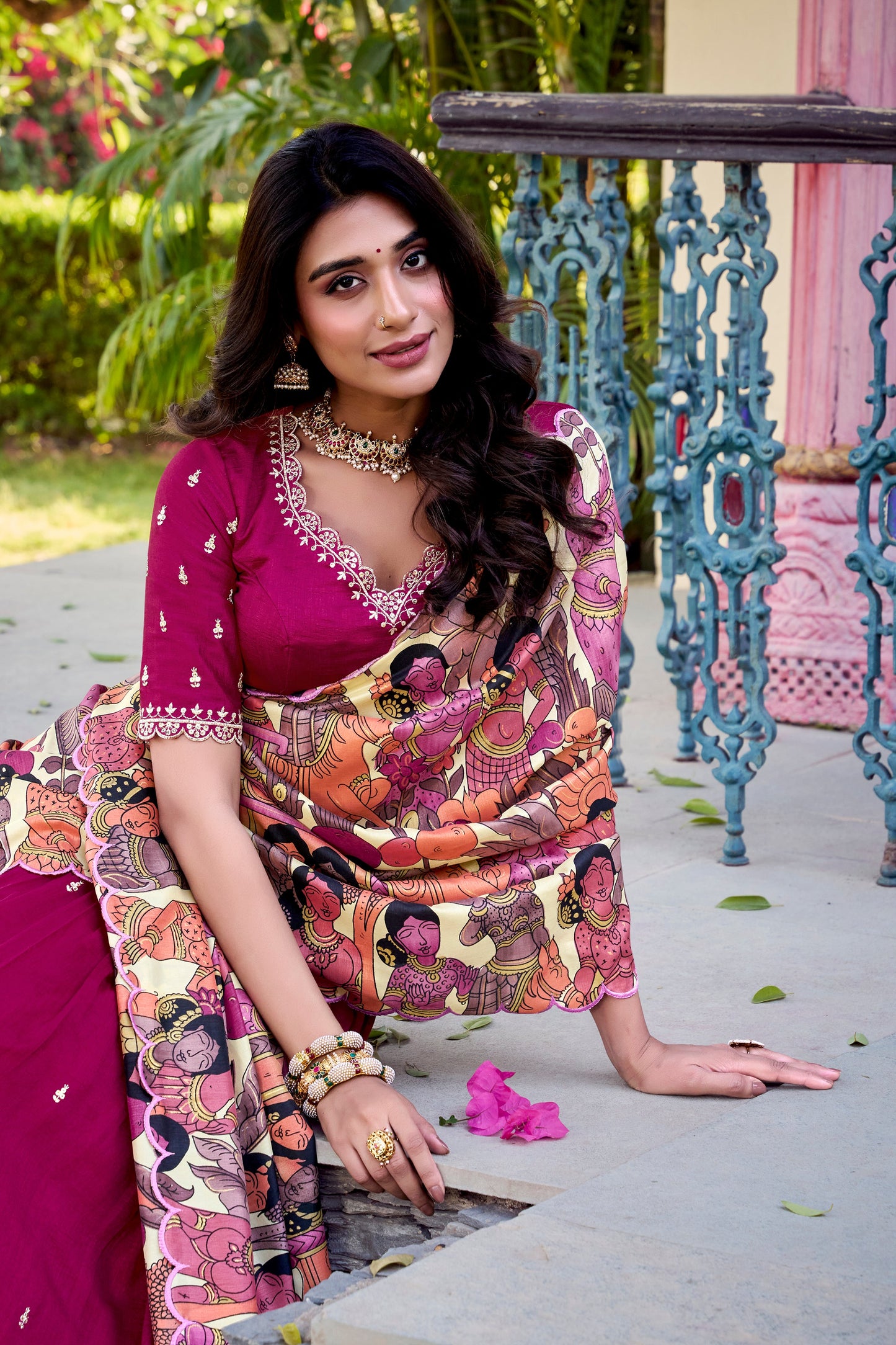 Lorenvalley Pink Vichitra Silk Sequins and Thread Embroidery Work with Kalamkari Print Border Lehenga Choli with Dupatta | Swadesiicart